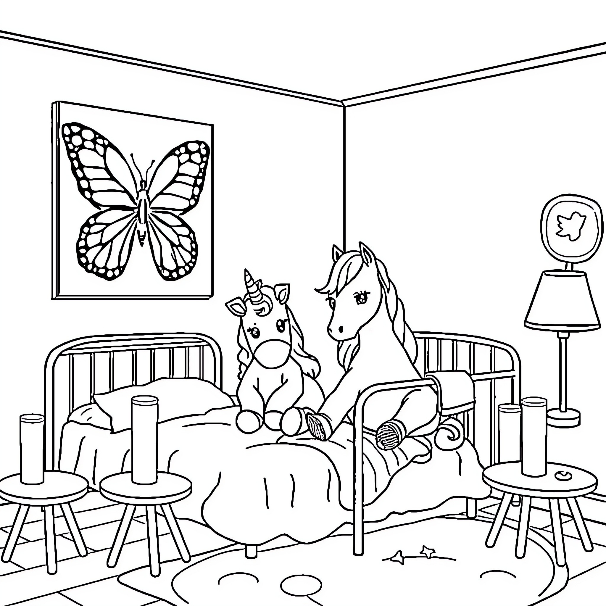 Unicorn and Friends in Cozy Bedroom Coloring Page (free black-and-white line drawing printable PDF for all, from beginners to advanced learners, including children, teens, adults, and seniors)
