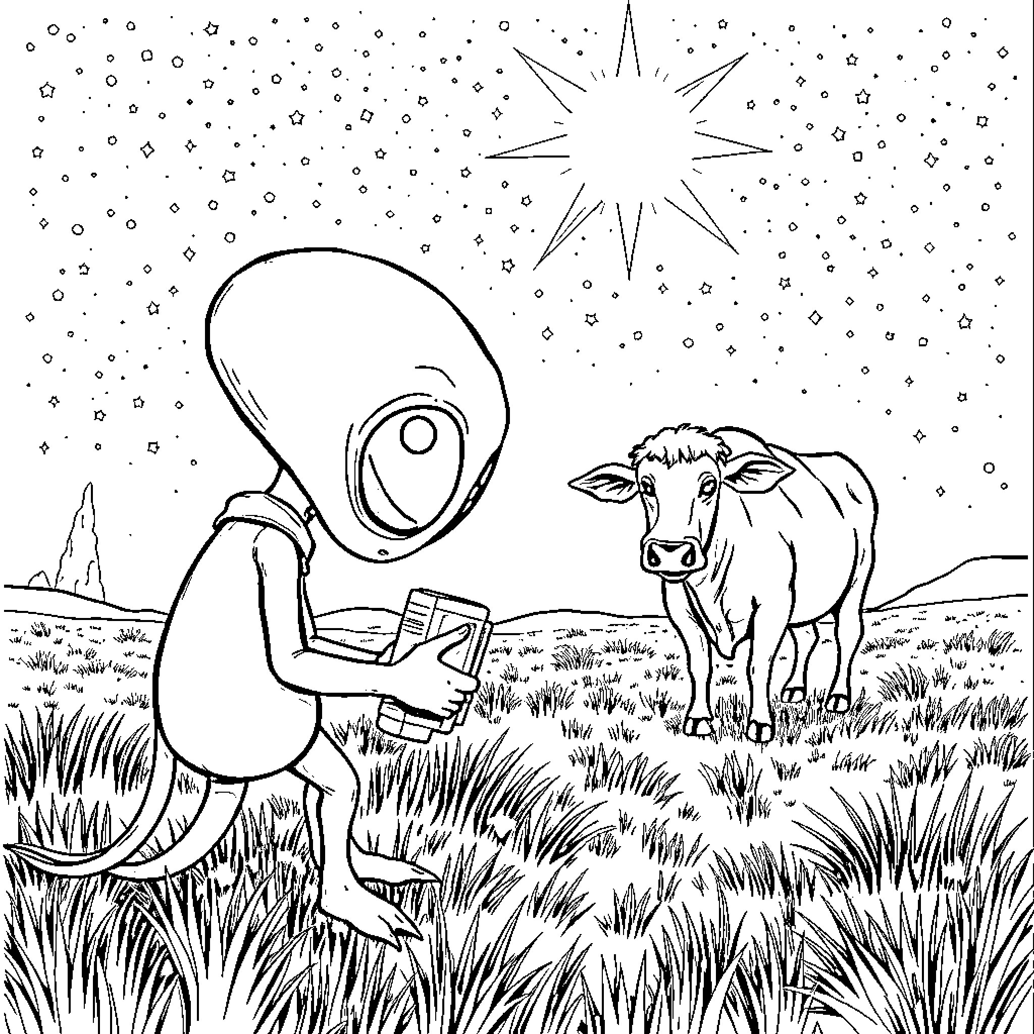 Alien observing a cow under a starry night sky Coloring Page (free black-and-white line drawing printable PDF for all, from beginners to advanced learners, including children, teens, adults, and seniors)