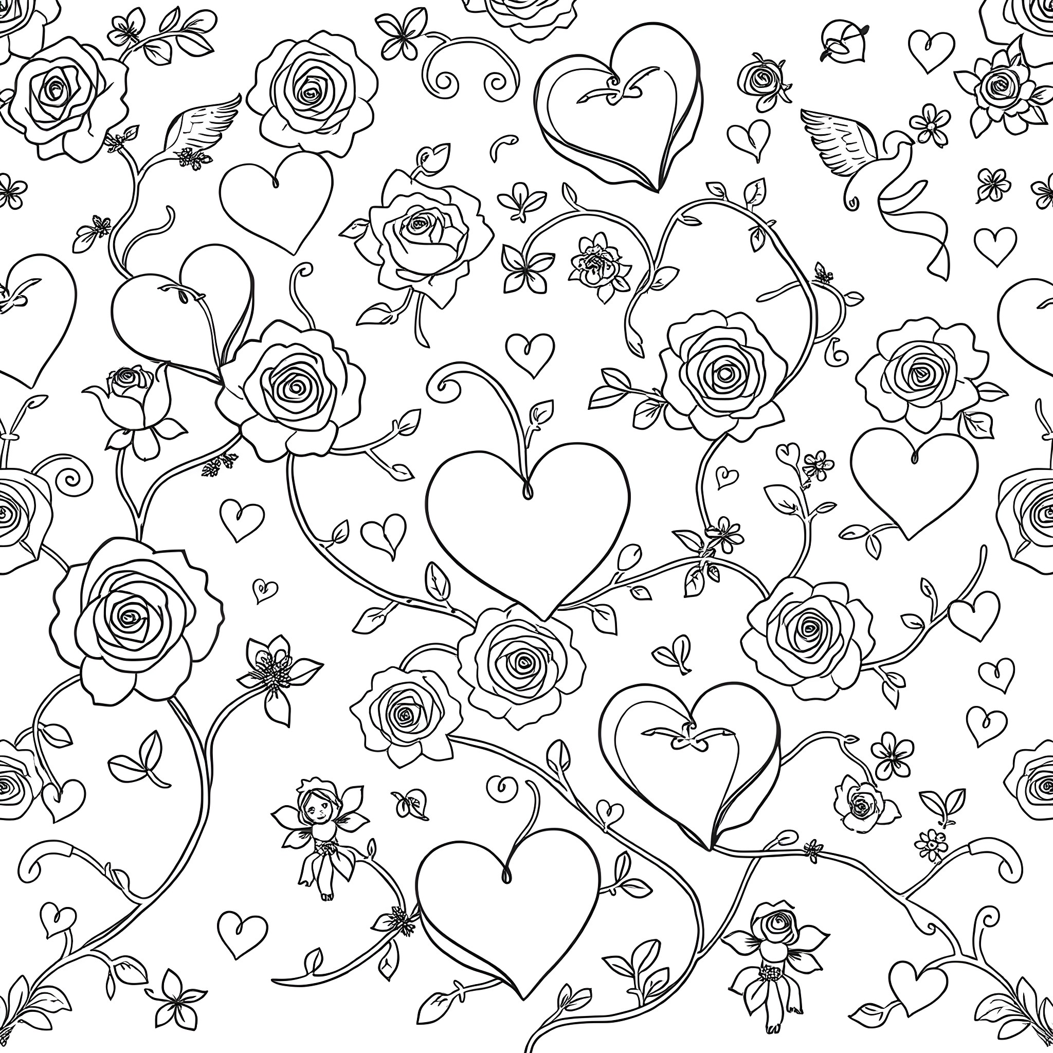 Valentine's Floral Hearts and Roses Coloring Page (free black-and-white line drawing printable PDF for all, from beginners to advanced learners, including children, teens, adults, and seniors)