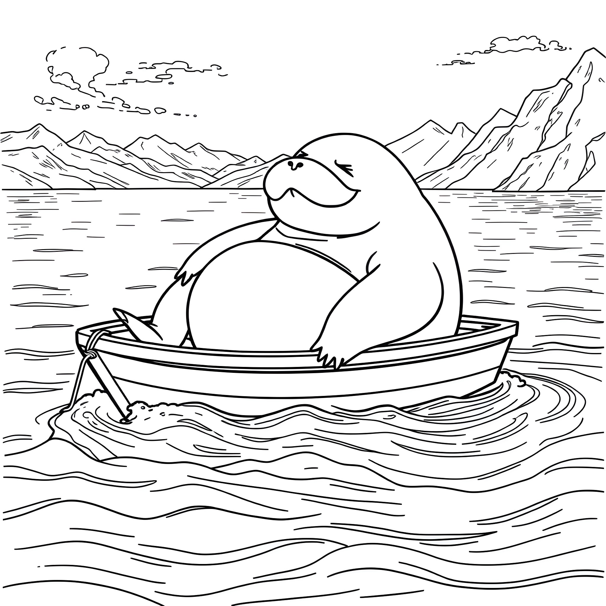 Snorlax relaxing in a boat on the lake Coloring Page (free black-and-white line drawing printable PDF for all, from beginners to advanced learners, including children, teens, adults, and seniors)