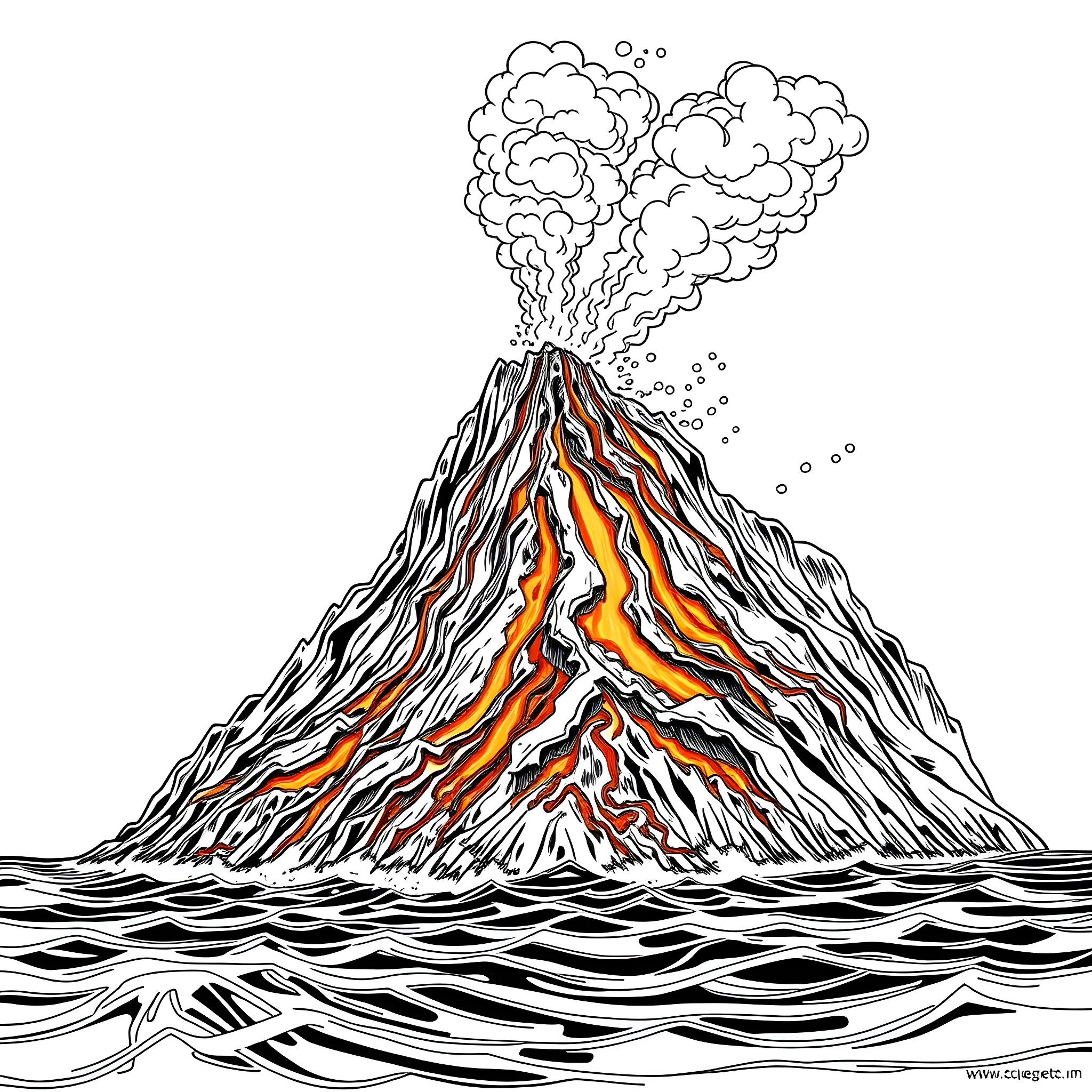 Erupting Volcano Spewing Smoke and Lava Coloring Page (free black-and-white line drawing printable PDF for all, from beginners to advanced learners, including children, teens, adults, and seniors)