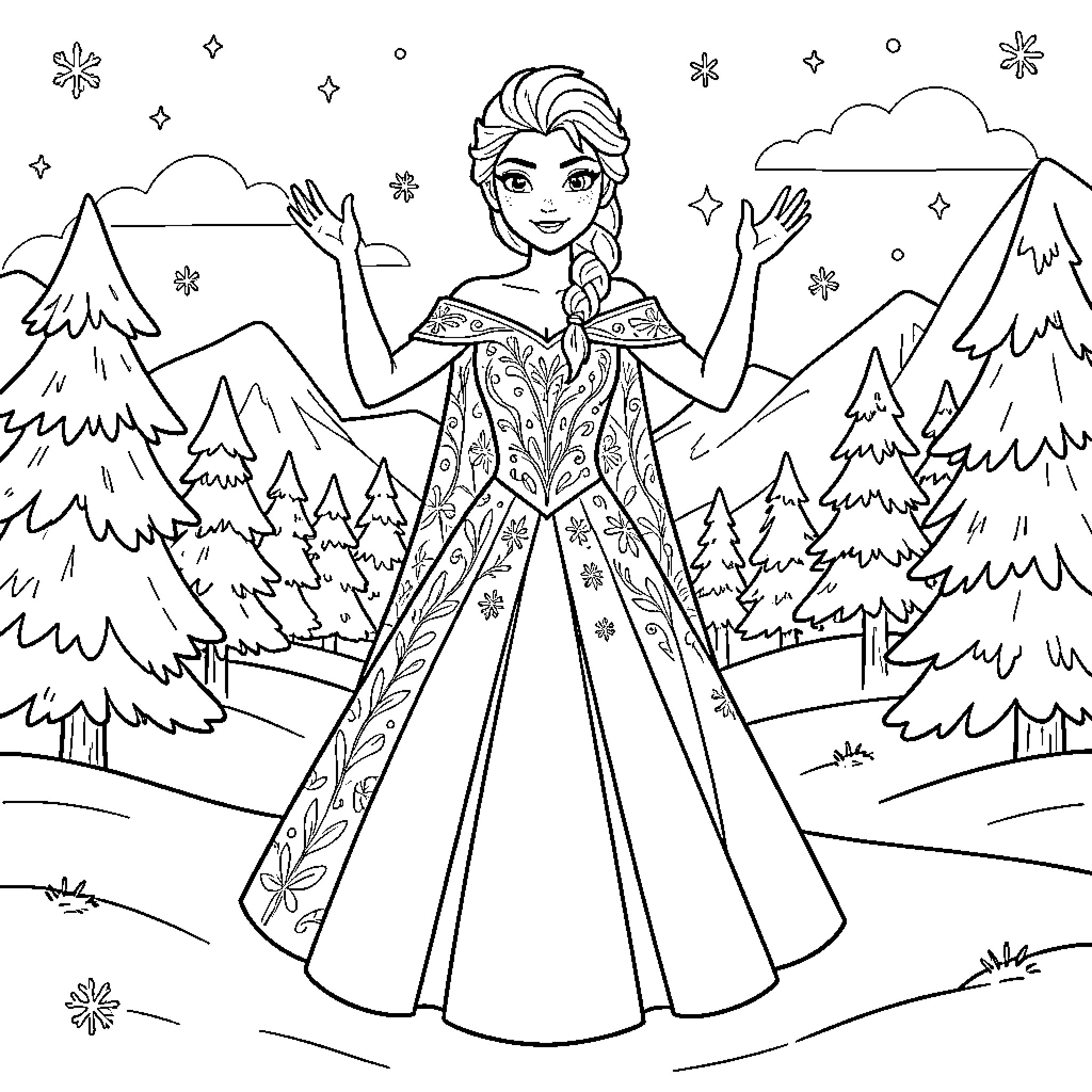 Elsa posing gracefully in a snowy mountain landscape Coloring Page (free black-and-white line drawing printable PDF for all, from beginners to advanced learners, including children, teens, adults, and seniors)