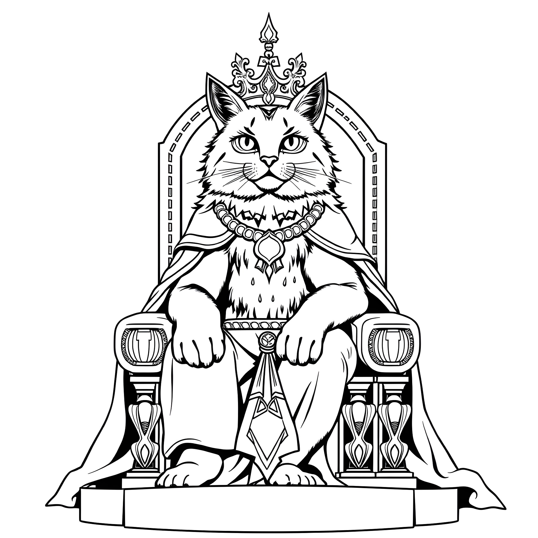 Cat crowned ruler sitting on a throne Coloring Page (free black-and-white line drawing printable PDF for all, from beginners to advanced learners, including children, teens, adults, and seniors)