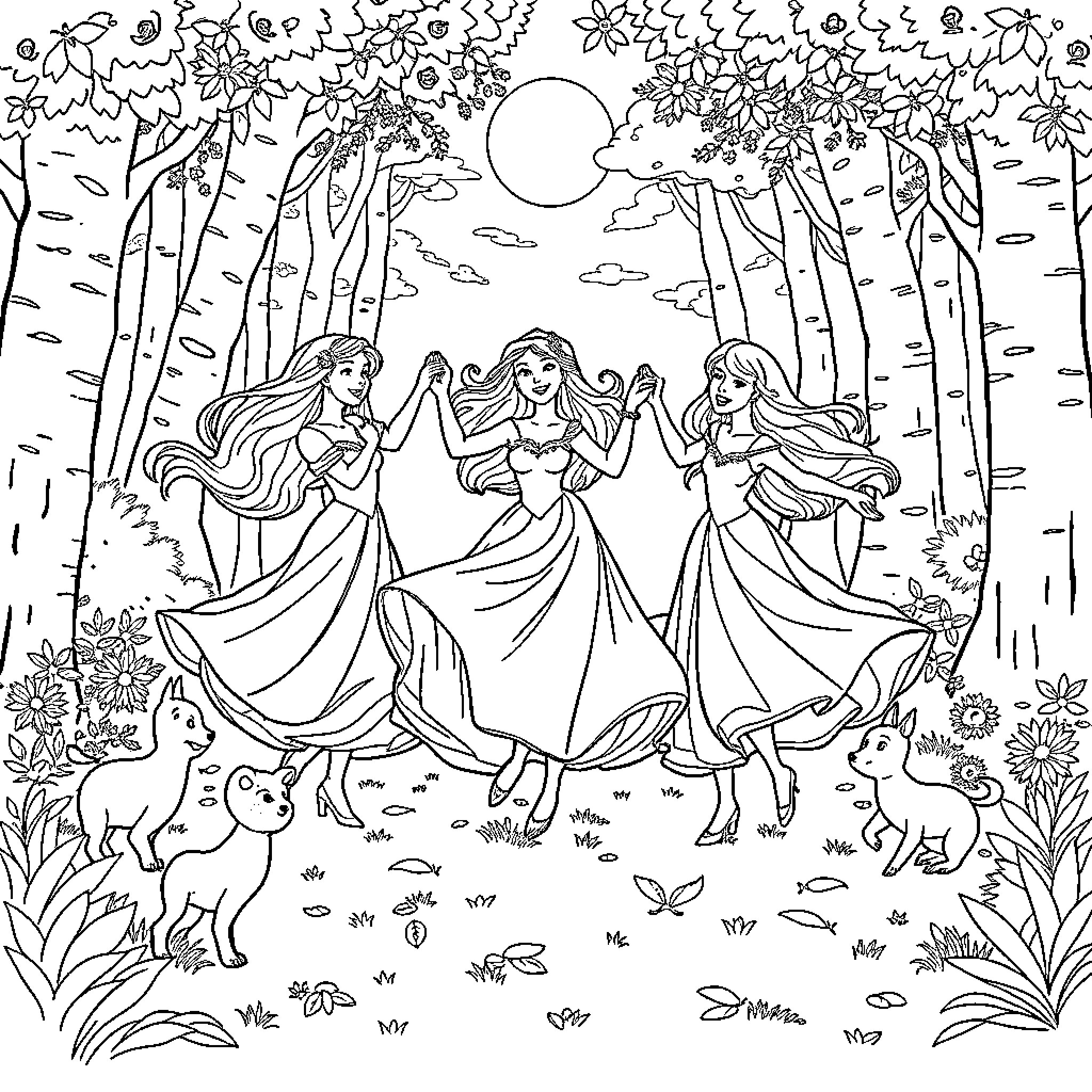 Princess Maidens Dancing in the Enchanted Forest Coloring Page (free black-and-white line drawing printable PDF for all, from beginners to advanced learners, including children, teens, adults, and seniors)