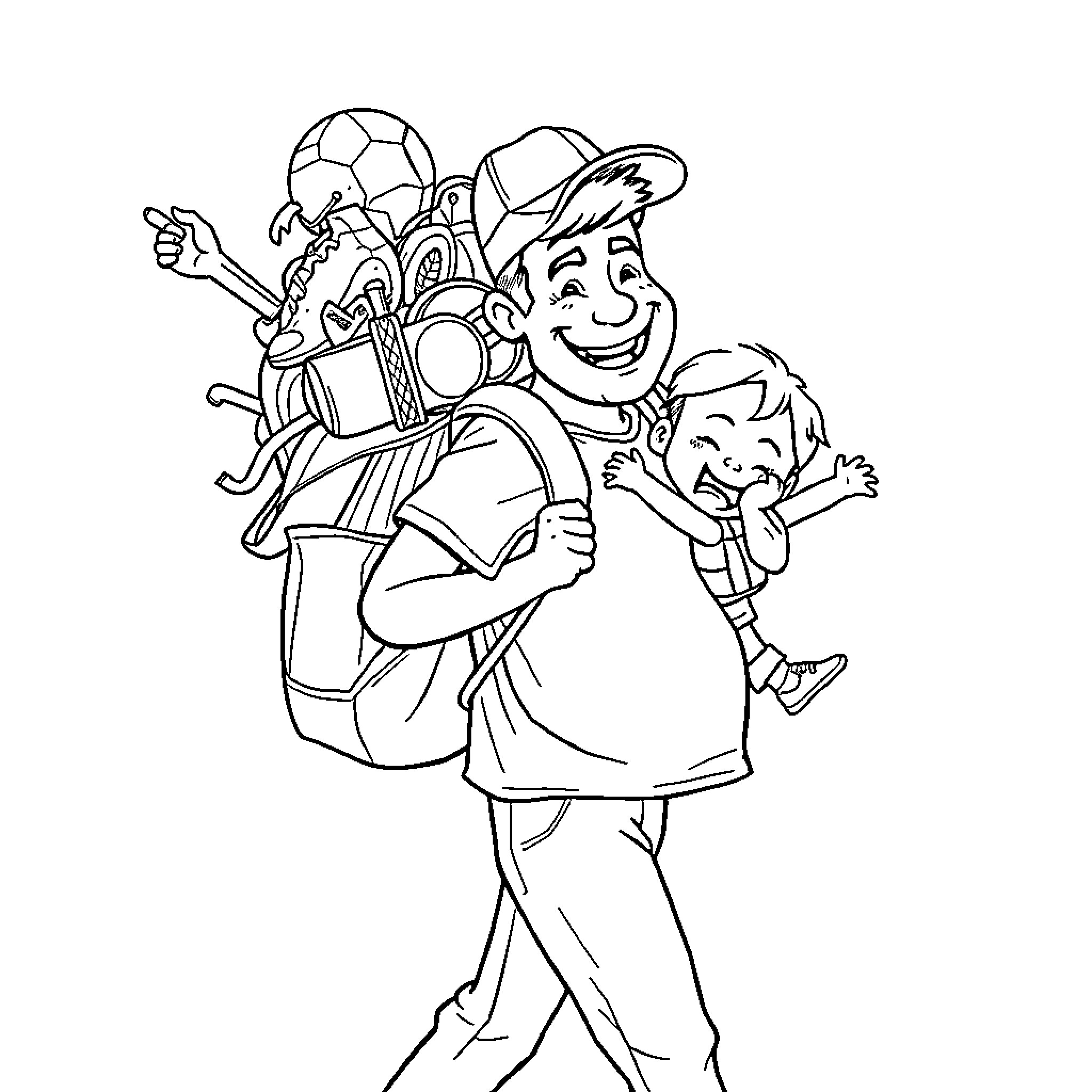 Dad carrying sports gear and child happily Coloring Page (free black-and-white line drawing printable PDF for all, from beginners to advanced learners, including children, teens, adults, and seniors)