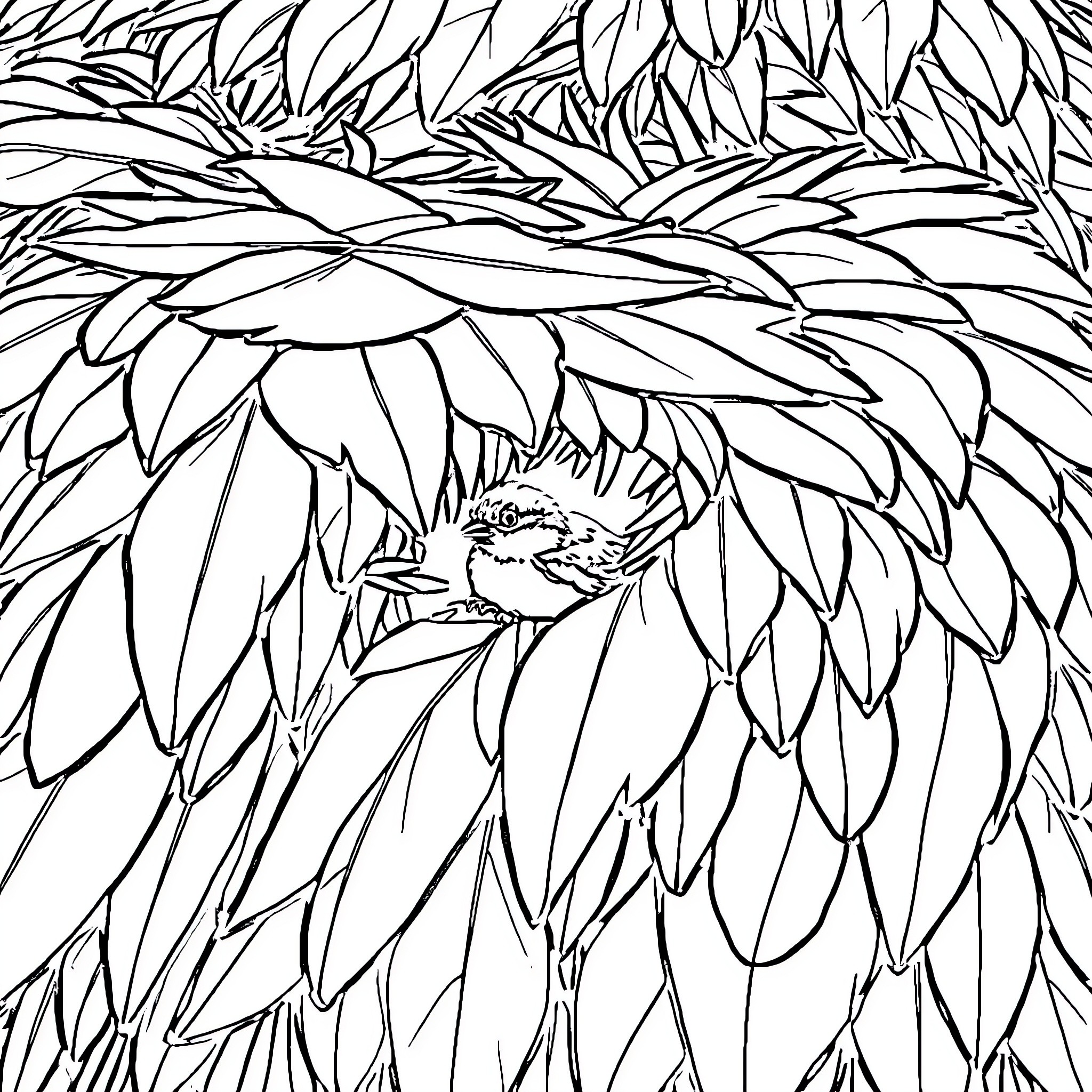 Bird hidden among foliage Coloring Page (free black-and-white line drawing printable PDF for all, from beginners to advanced learners, including children, teens, adults, and seniors)
