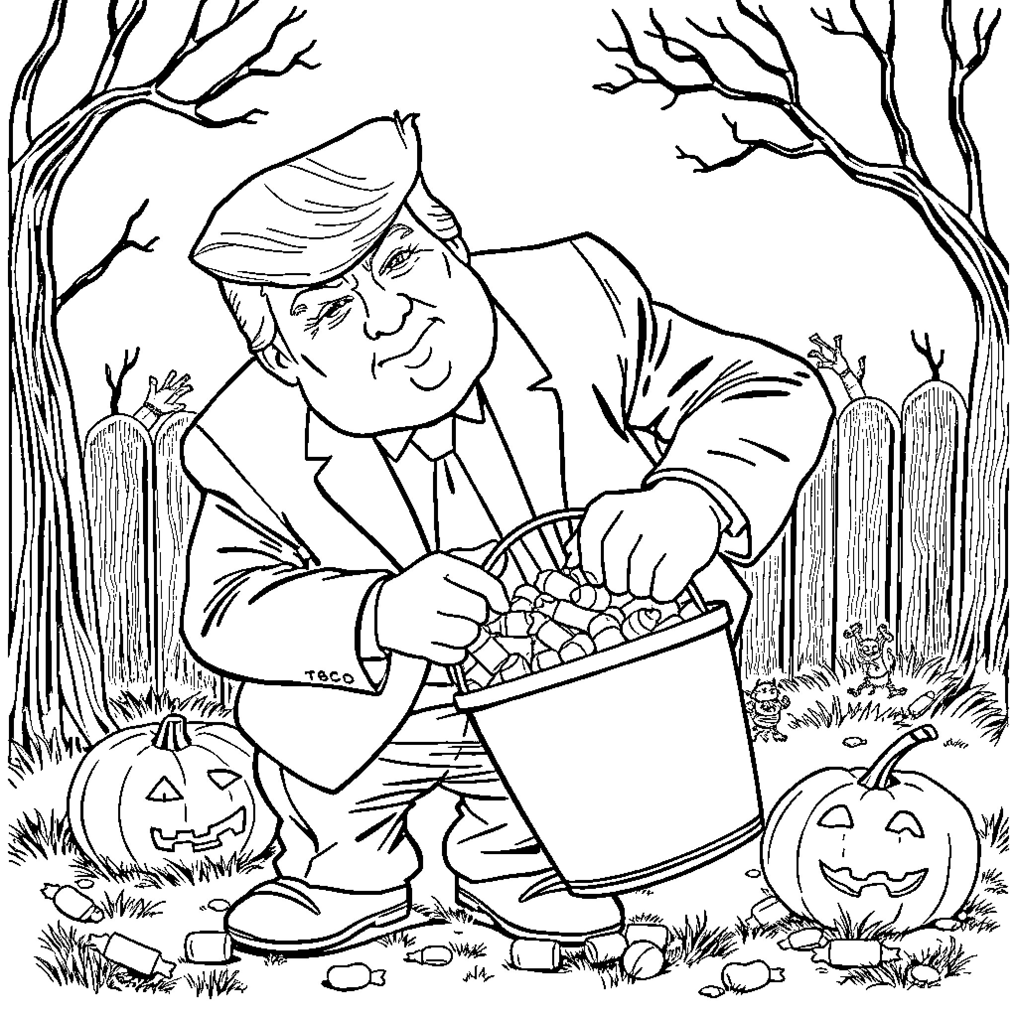 Donald Trump handing out Halloween treats in the spooky forest Coloring Page (free black-and-white line drawing printable PDF for all, from beginners to advanced learners, including children, teens, adults, and seniors)