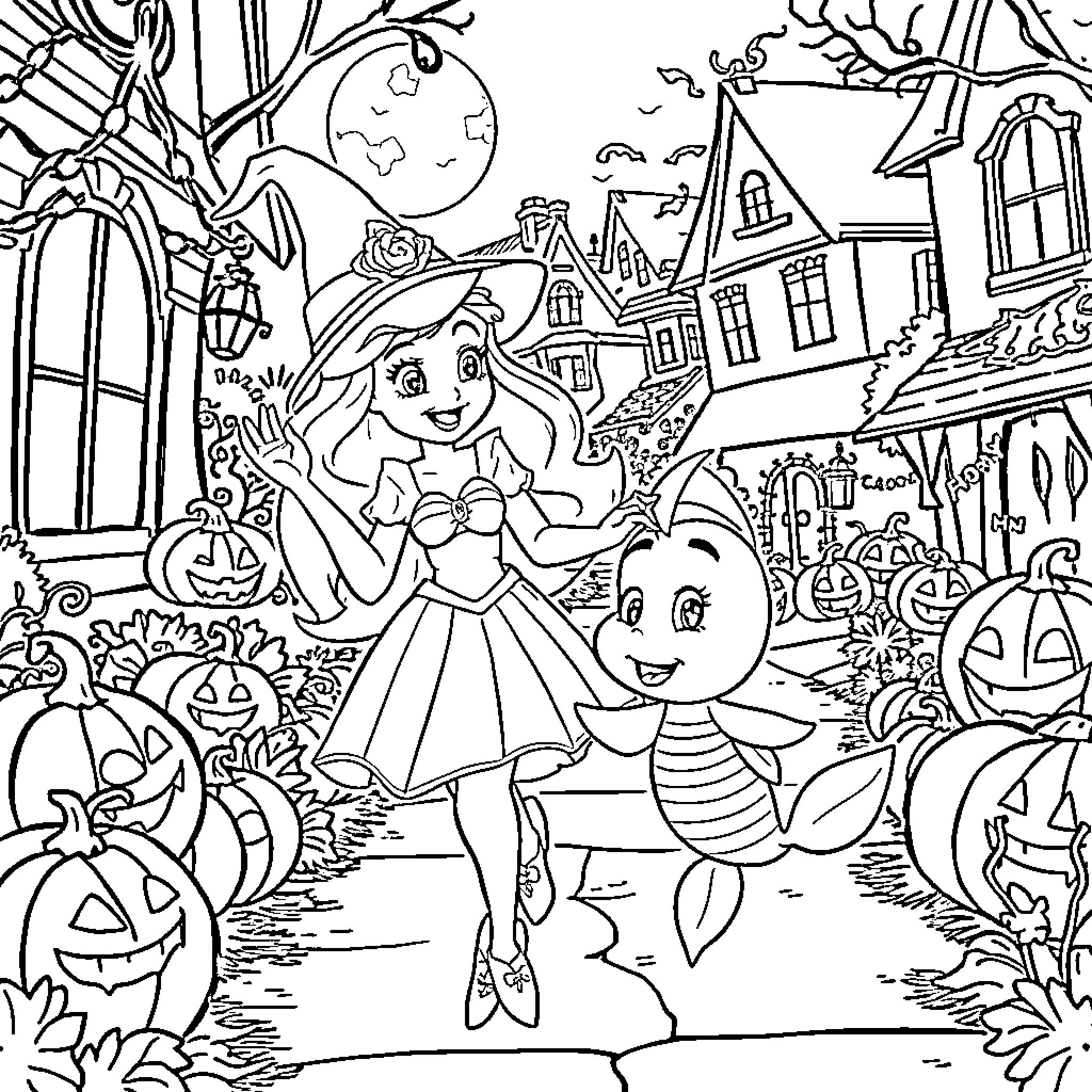 Ariel's Halloween Adventure in the Town Coloring Page (free black-and-white line drawing printable PDF for all, from beginners to advanced learners, including children, teens, adults, and seniors)