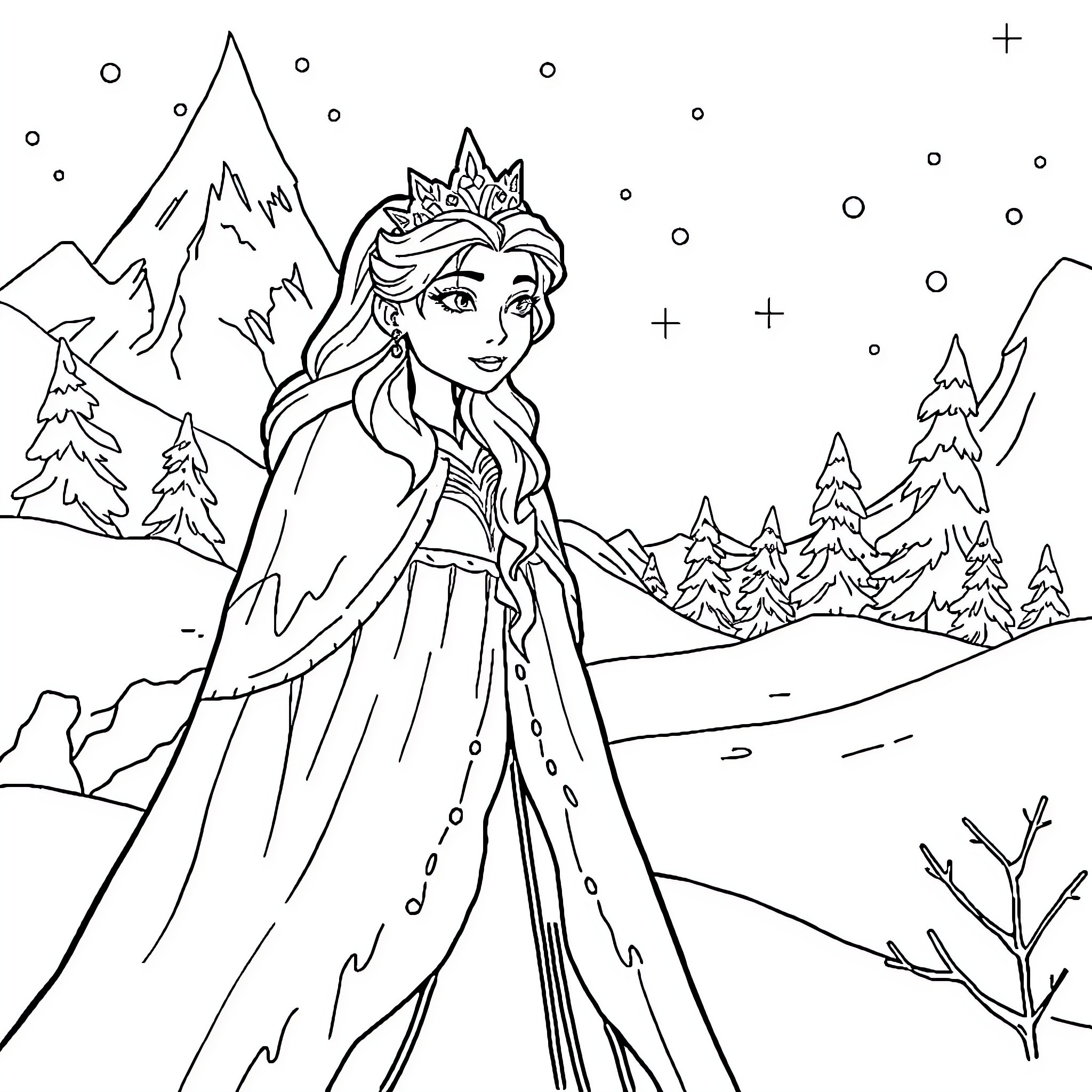 Snow Queen in Wintry Wonderland Coloring Page (free black-and-white line drawing printable PDF for all, from beginners to advanced learners, including children, teens, adults, and seniors)