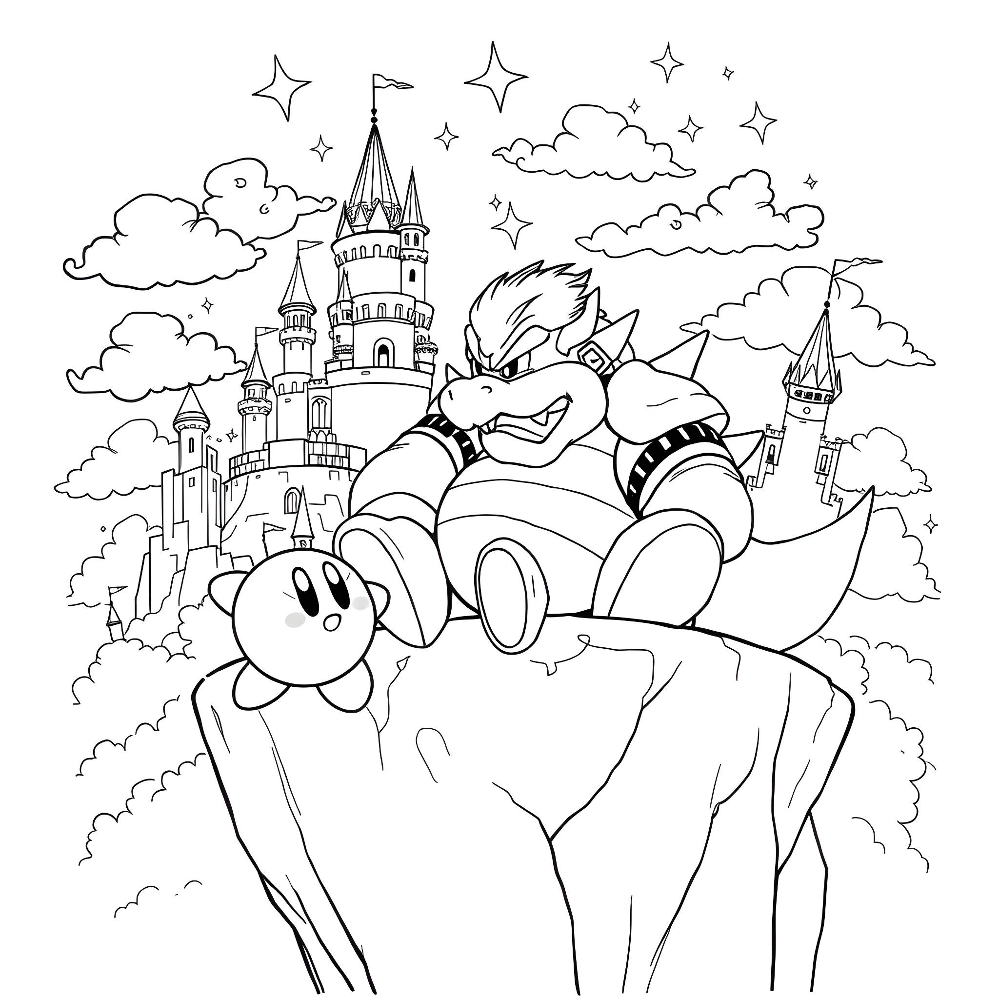 Kirby and friends exploring a magical castle Coloring Page (free black-and-white line drawing printable PDF for all, from beginners to advanced learners, including children, teens, adults, and seniors)