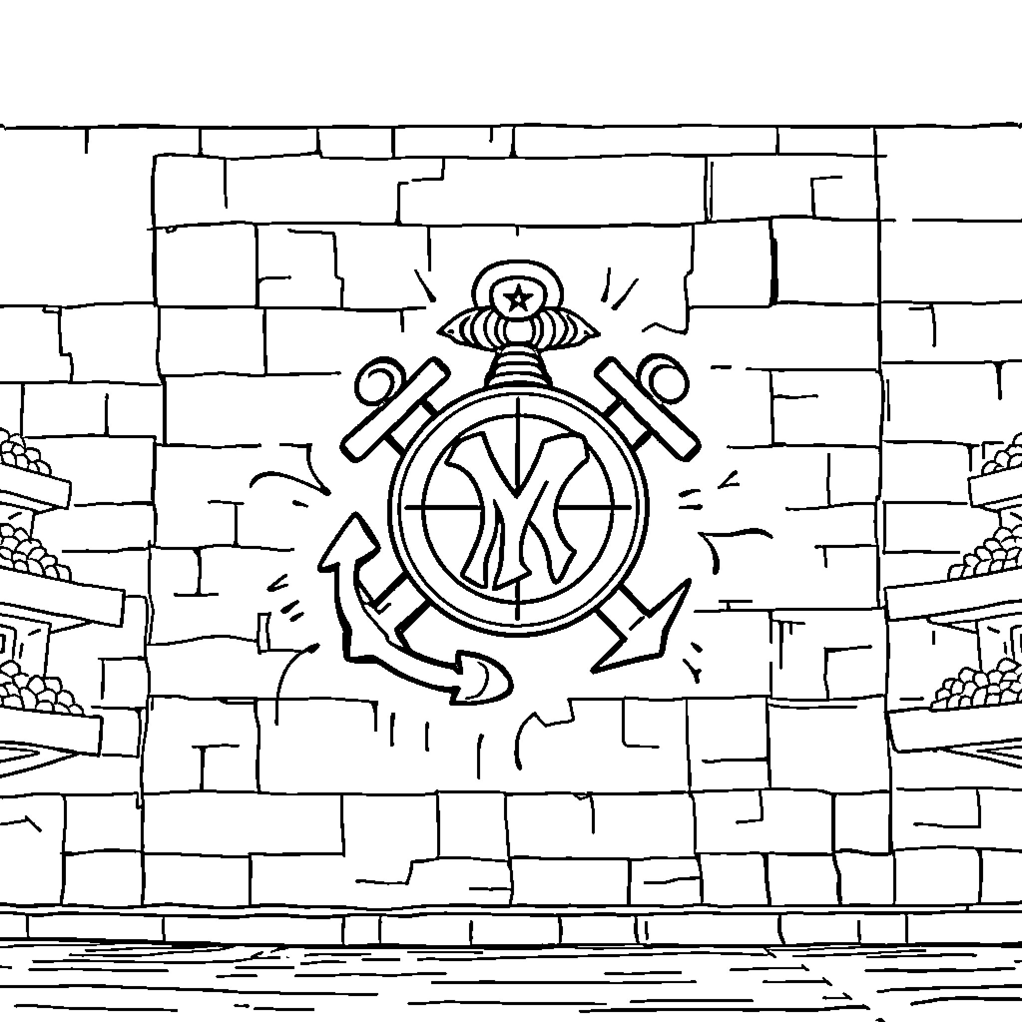 USMC Emblem on Brick Wall Coloring Page (free black-and-white line drawing printable PDF for all, from beginners to advanced learners, including children, teens, adults, and seniors)