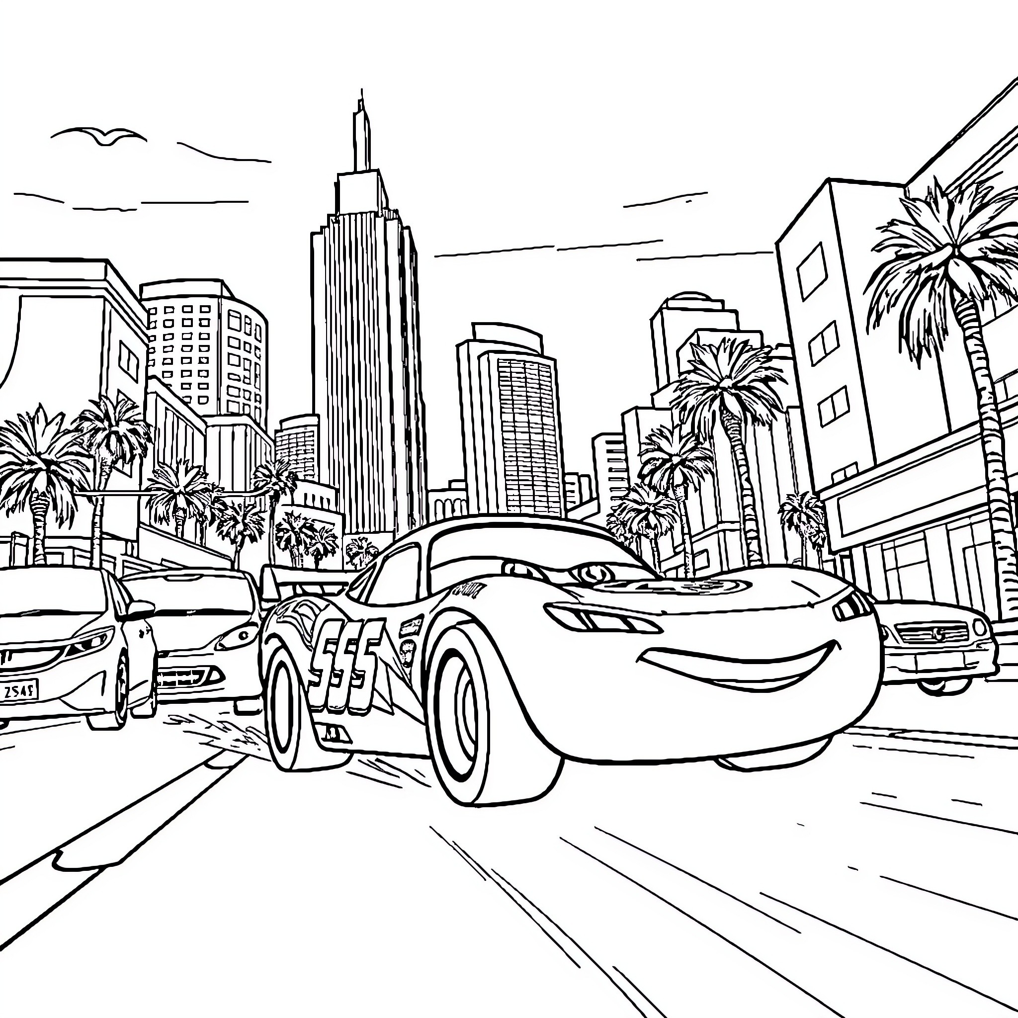 Flash McQueen's Exhilarating City Adventure Coloring Page (free black-and-white line drawing printable PDF for all, from beginners to advanced learners, including children, teens, adults, and seniors)