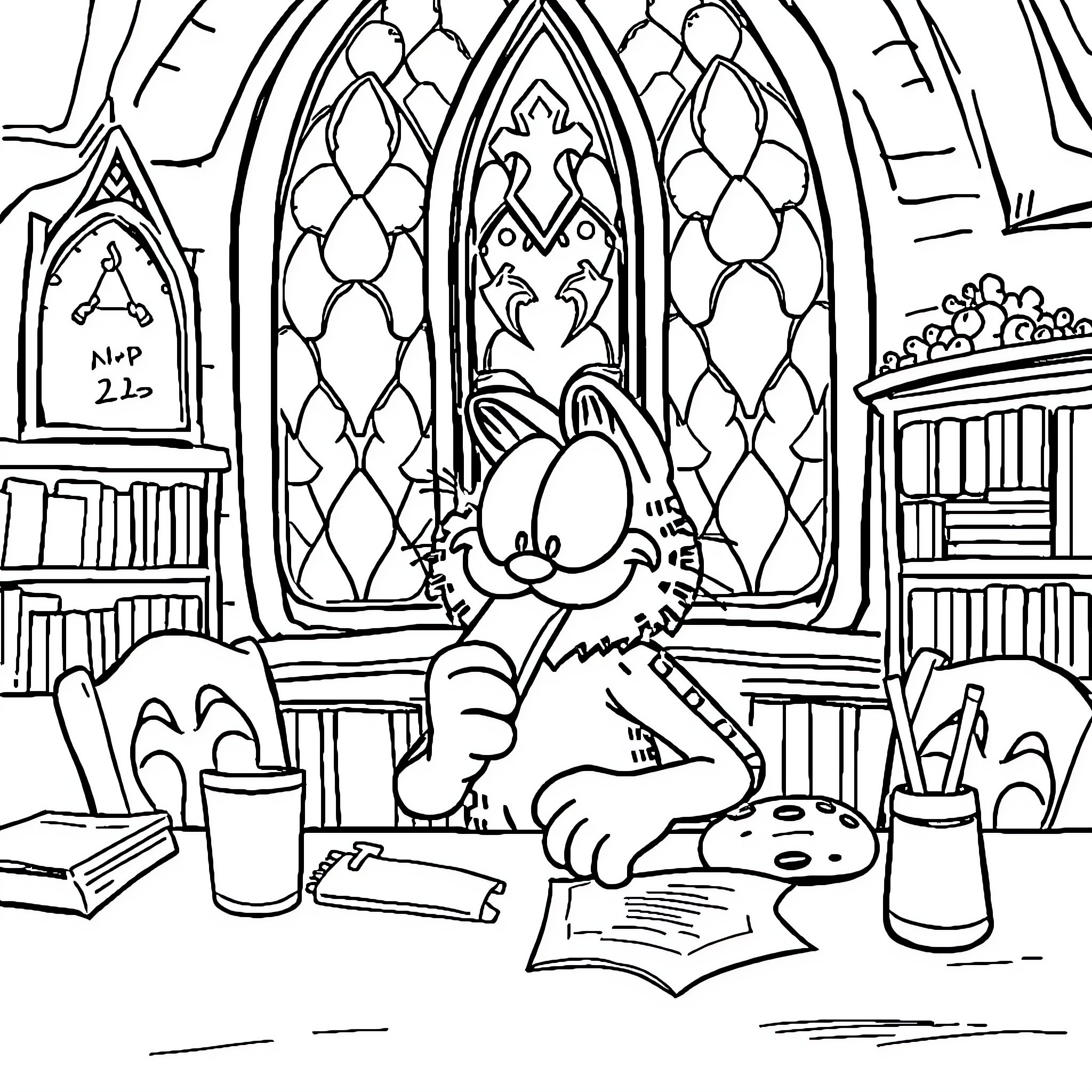 Garfield studying in the library Coloring Page (free black-and-white line drawing printable PDF for all, from beginners to advanced learners, including children, teens, adults, and seniors)