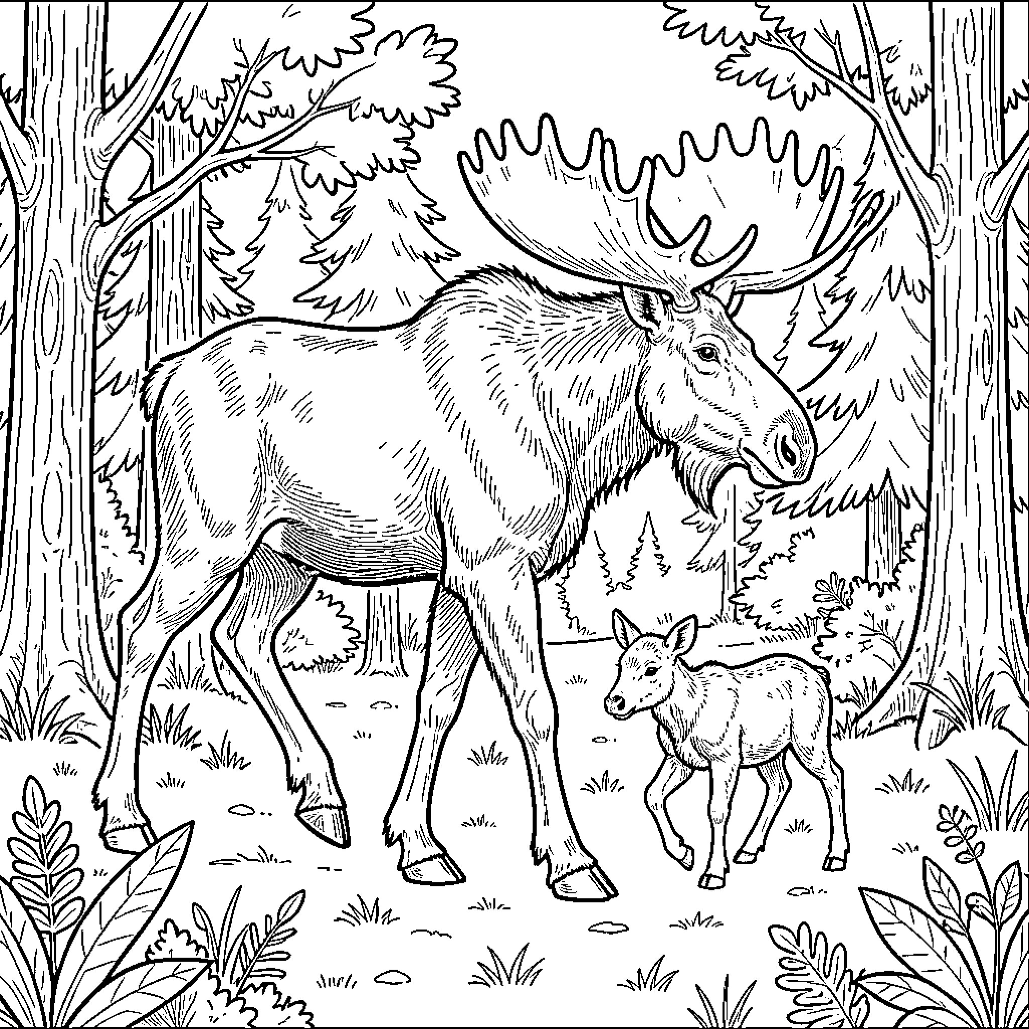 Moose walking through a dense forest with calf Coloring Page (free black-and-white line drawing printable PDF for all, from beginners to advanced learners, including children, teens, adults, and seniors)
