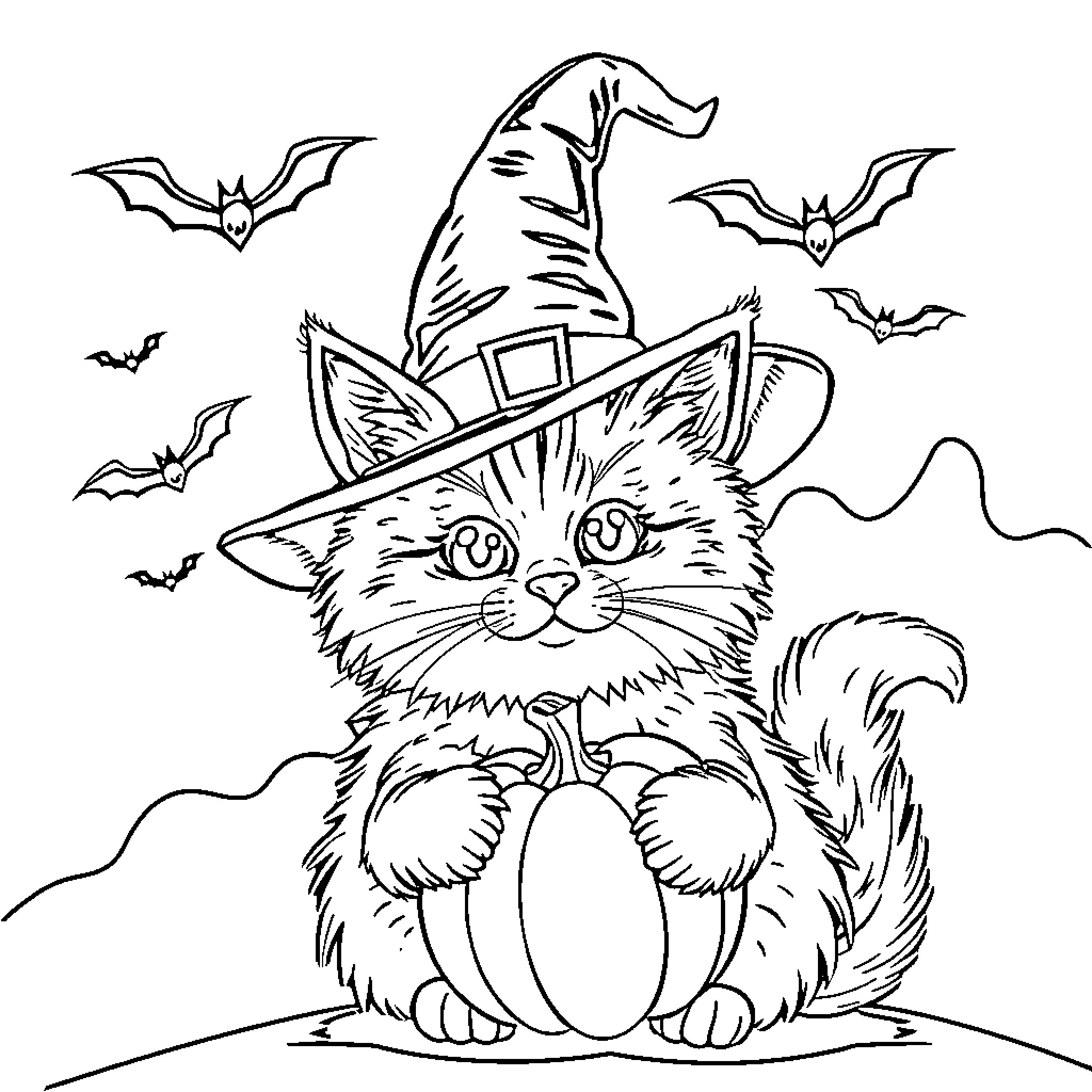 Cat wearing Halloween witch hat with bats Coloring Page (free black-and-white line drawing printable PDF for all, from beginners to advanced learners, including children, teens, adults, and seniors)