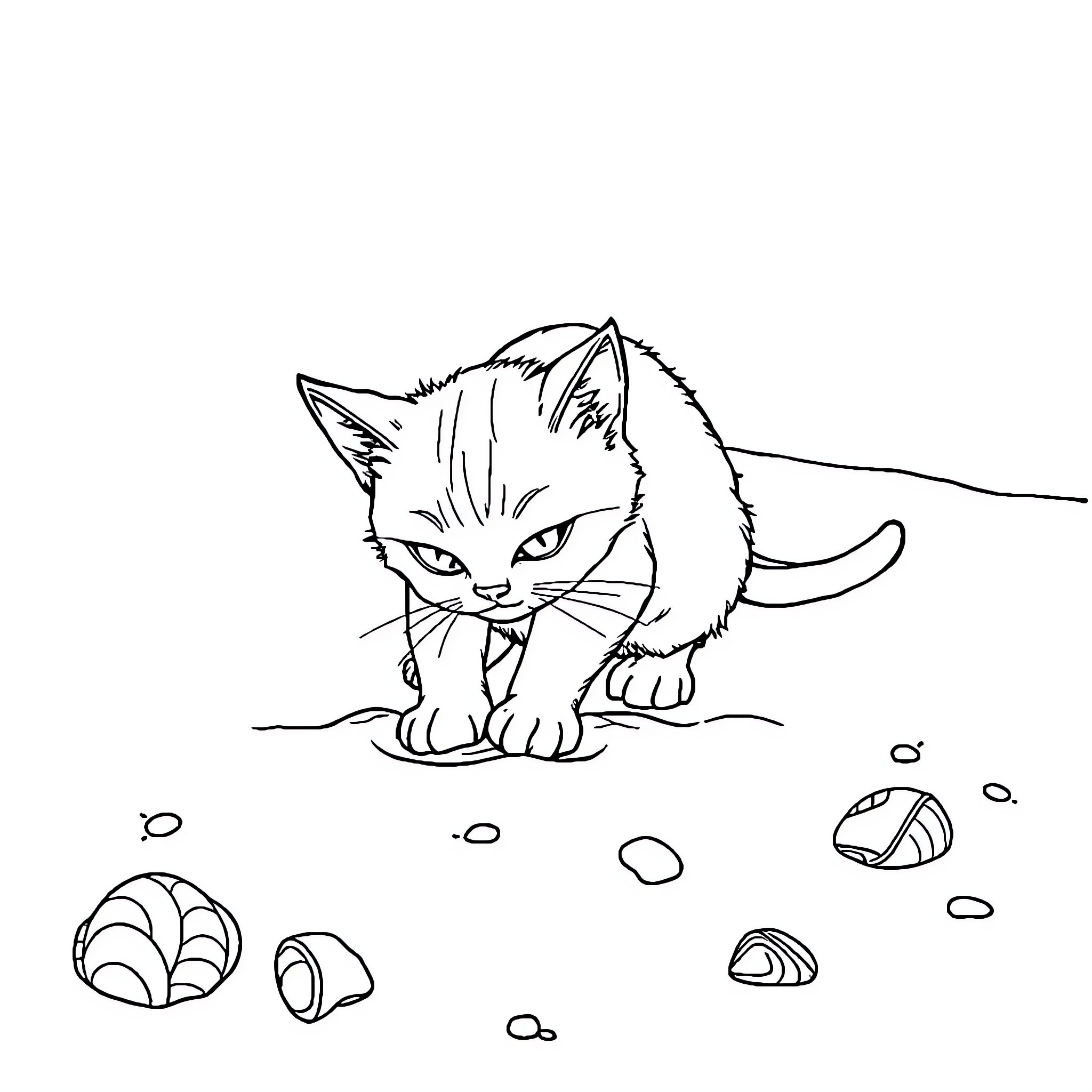 Cat exploring a rocky terrain Coloring Page (free black-and-white line drawing printable PDF for all, from beginners to advanced learners, including children, teens, adults, and seniors)