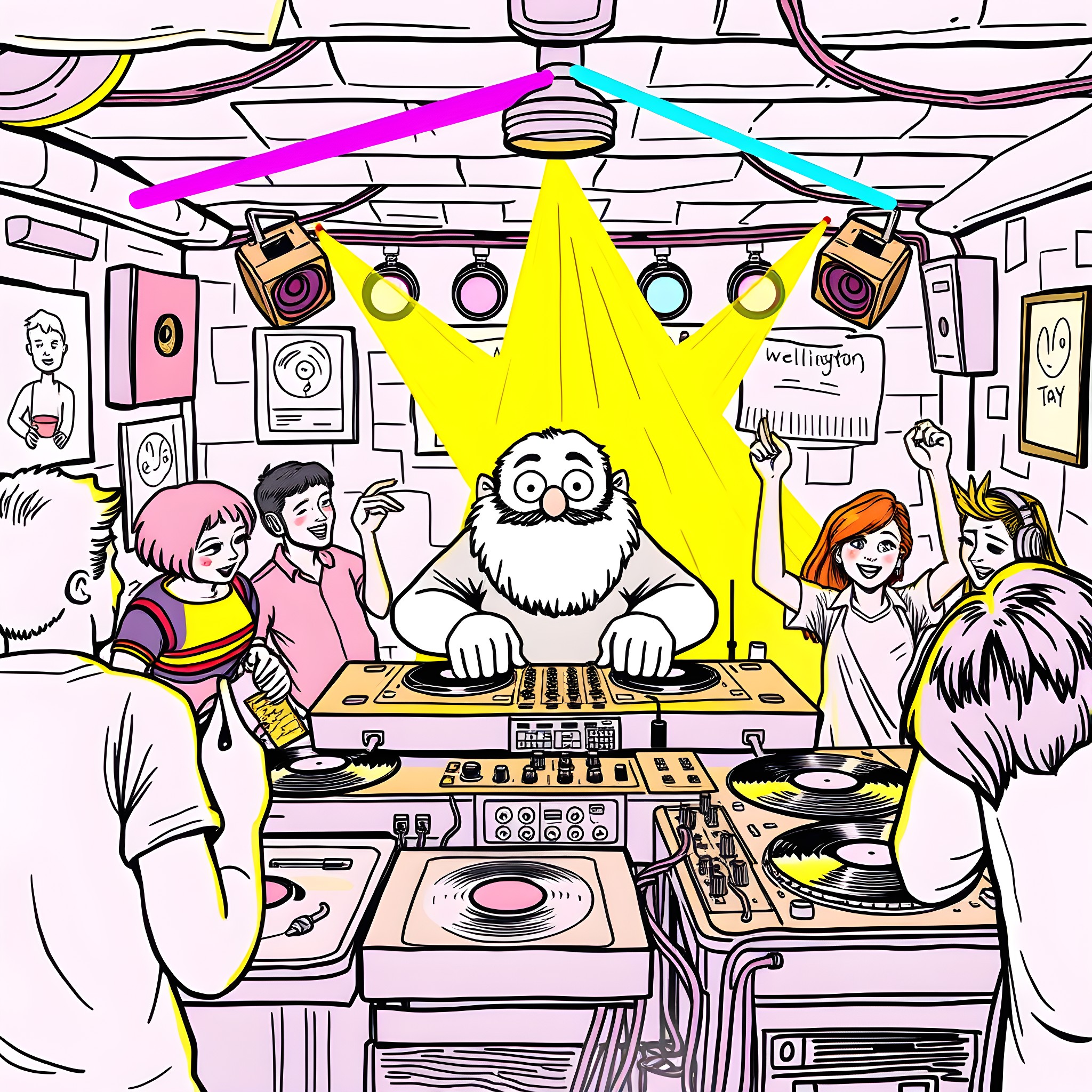 Wellington Wimpy's Wacky DJ Dance Party Coloring Page (free black-and-white line drawing printable PDF for all, from beginners to advanced learners, including children, teens, adults, and seniors)