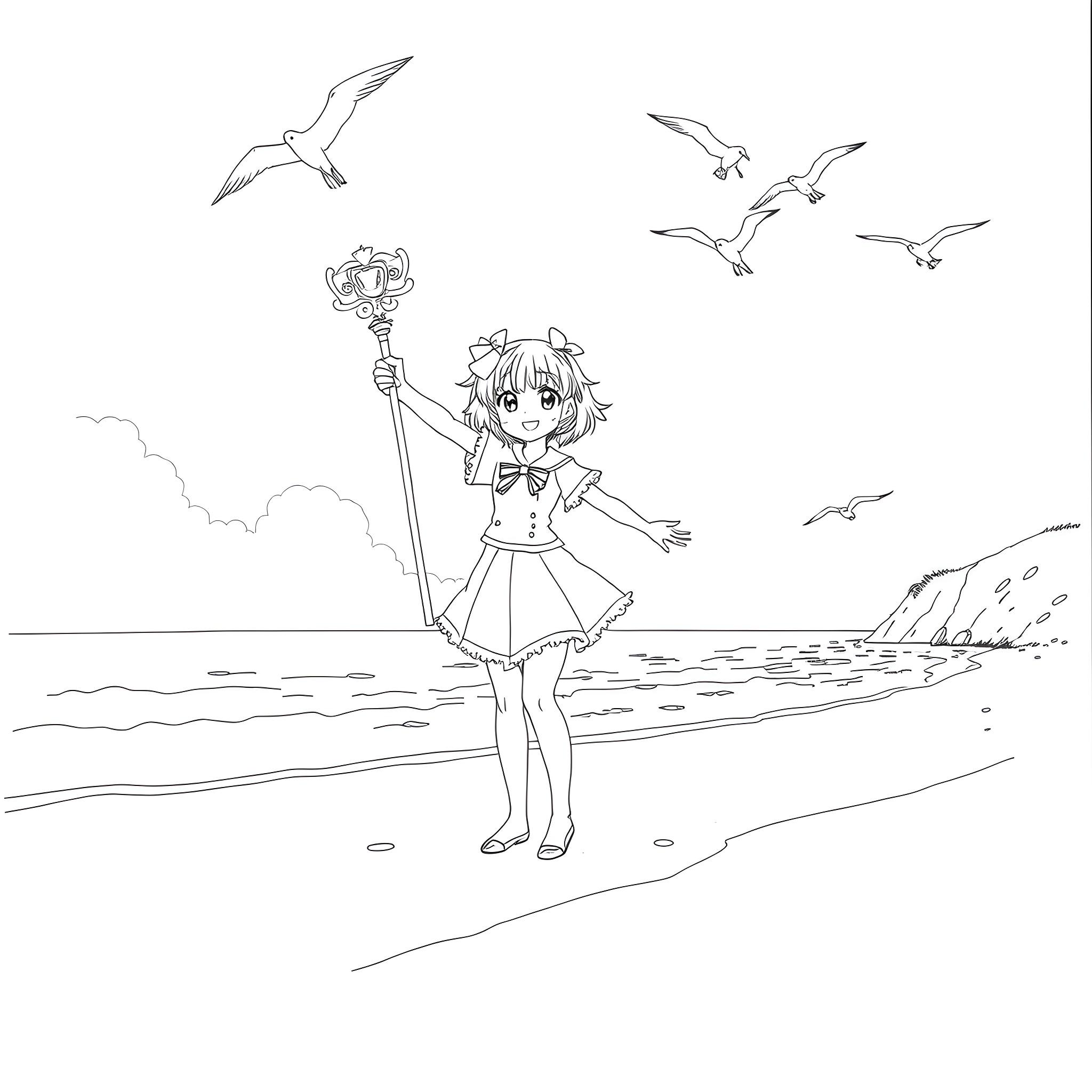 Cardcaptor Sakura capturing cards by the sea Coloring Page (free black-and-white line drawing printable PDF for all, from beginners to advanced learners, including children, teens, adults, and seniors)
