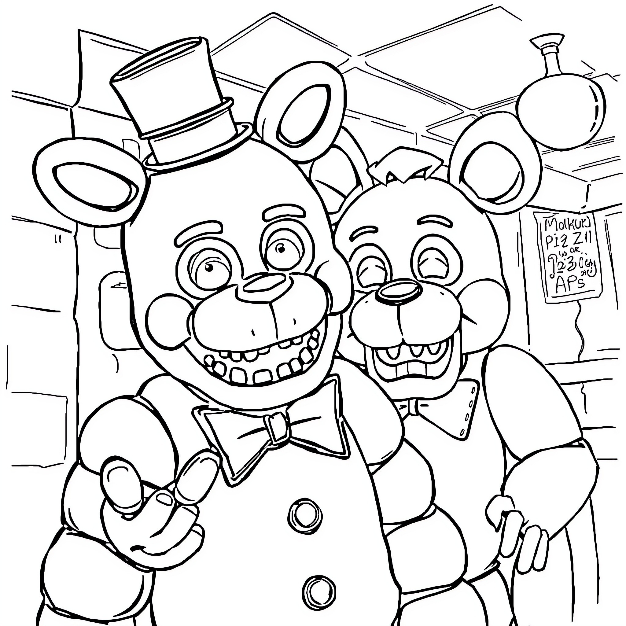 Five Nights At Freddy's: Animatronic Characters in Costume Coloring Page (free black-and-white line drawing printable PDF for all, from beginners to advanced learners, including children, teens, adults, and seniors)
