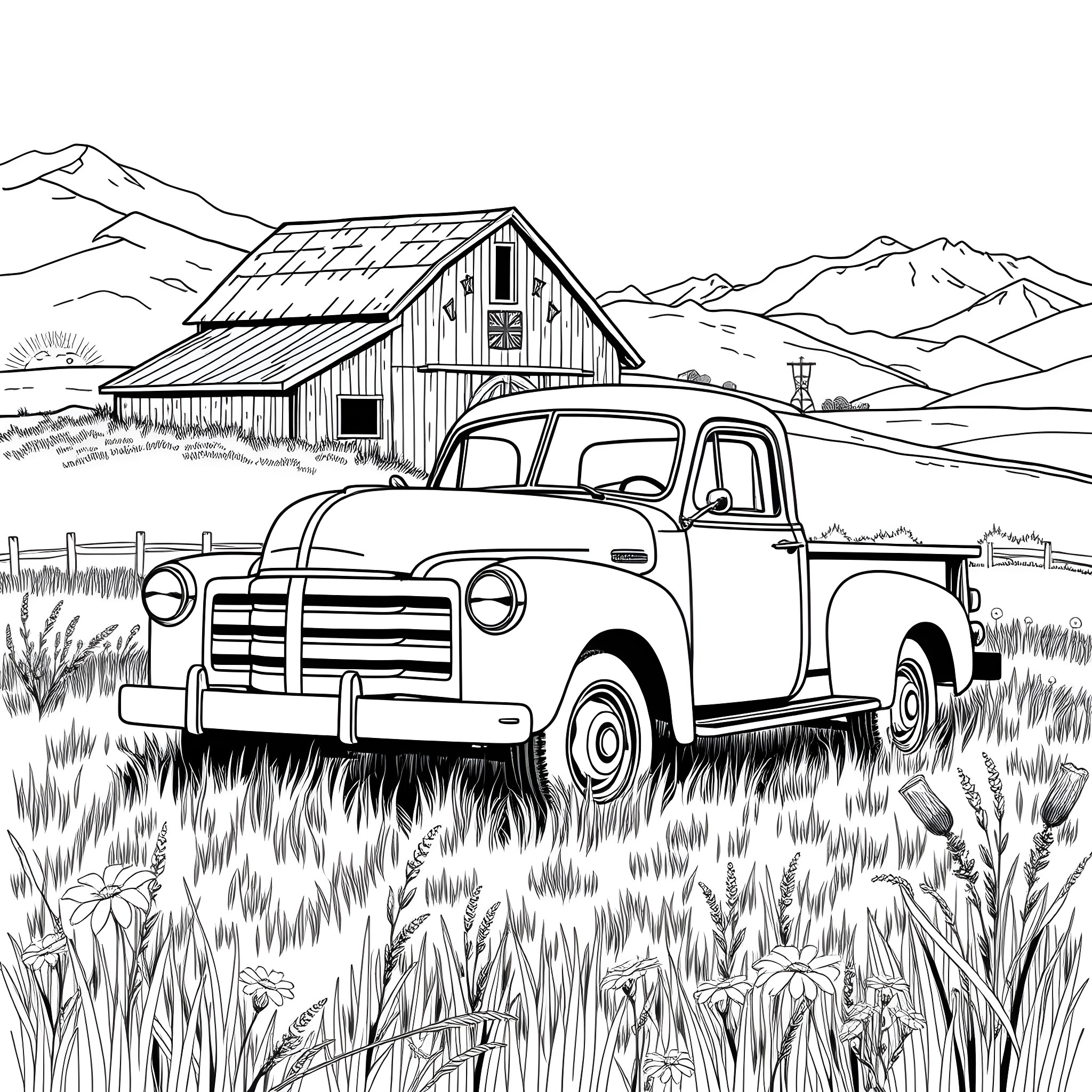 Truck parked in front of a rustic barn in rural landscape Coloring Page (free black-and-white line drawing printable PDF for all, from beginners to advanced learners, including children, teens, adults, and seniors)
