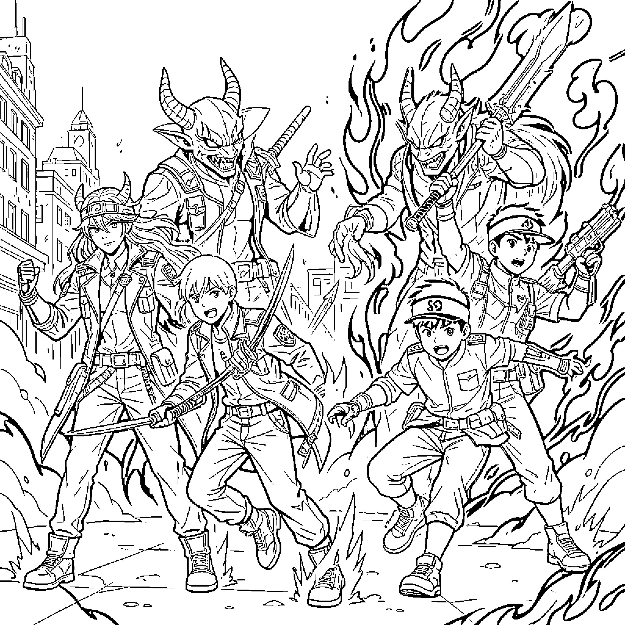 Demon Hunter Strikes Back Against Hellish Threats Coloring Page (free black-and-white line drawing printable PDF for all, from beginners to advanced learners, including children, teens, adults, and seniors)