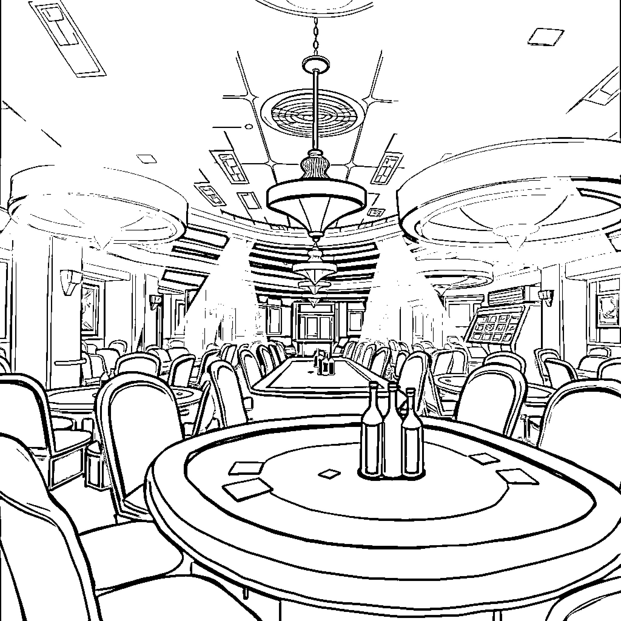 Casino gambling hall with luxurious decor and equipment Coloring Page (free black-and-white line drawing printable PDF for all, from beginners to advanced learners, including children, teens, adults, and seniors)