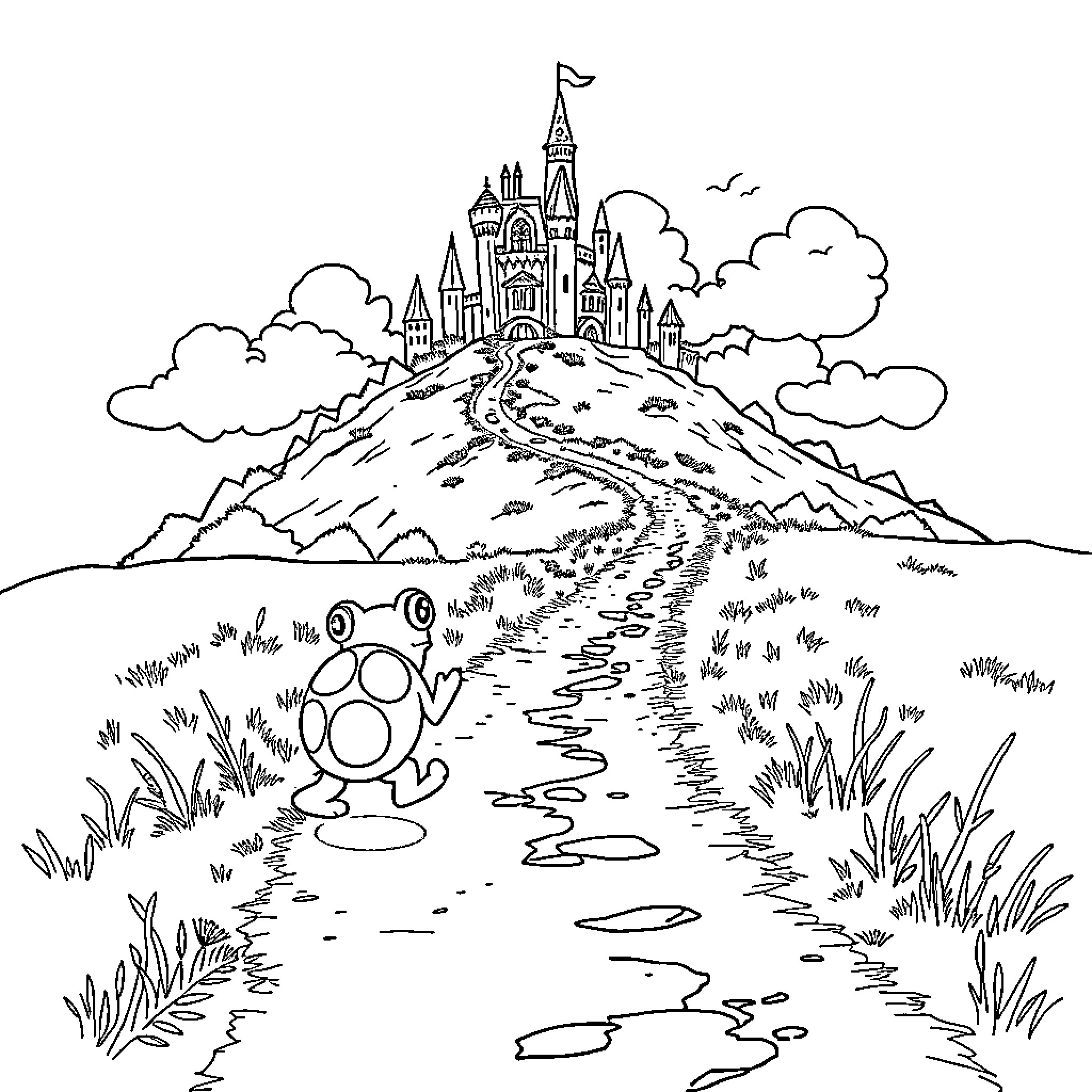Toad journeying towards the enchanted castle Coloring Page (free black-and-white line drawing printable PDF for all, from beginners to advanced learners, including children, teens, adults, and seniors)