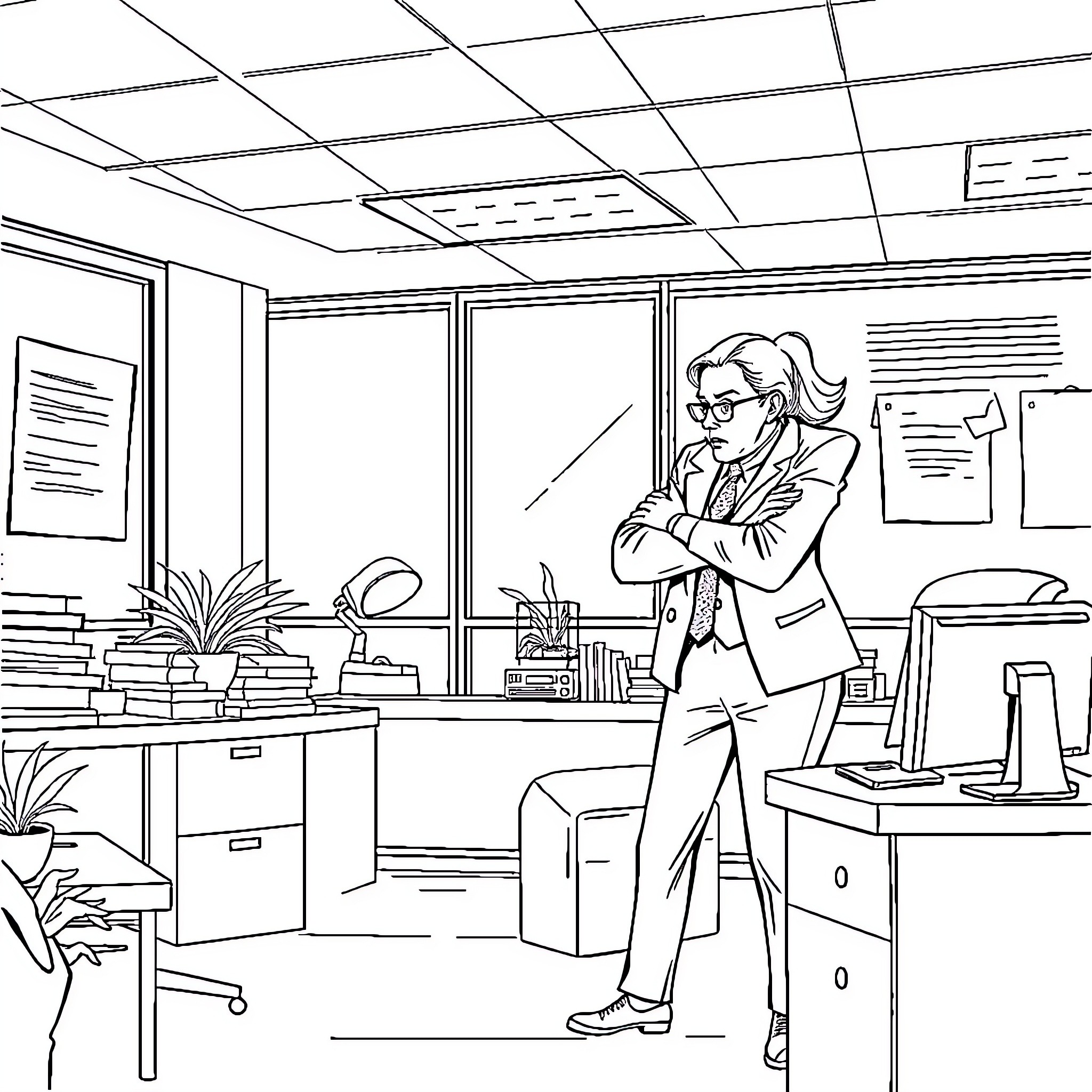 Woman in business attire standing confidently in office Coloring Page (free black-and-white line drawing printable PDF for all, from beginners to advanced learners, including children, teens, adults, and seniors)