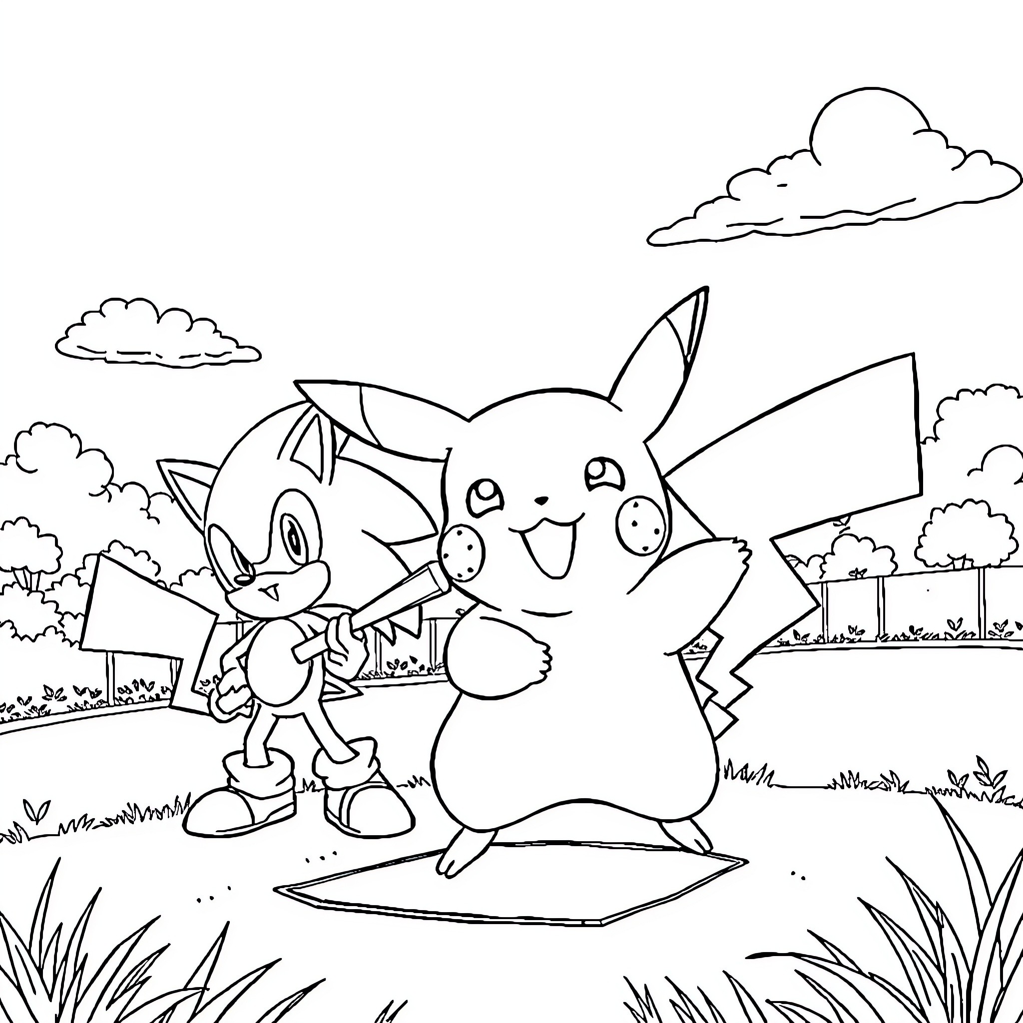 Pikachu and Sonic exploring the outdoor scene Coloring Page (free black-and-white line drawing printable PDF for all, from beginners to advanced learners, including children, teens, adults, and seniors)