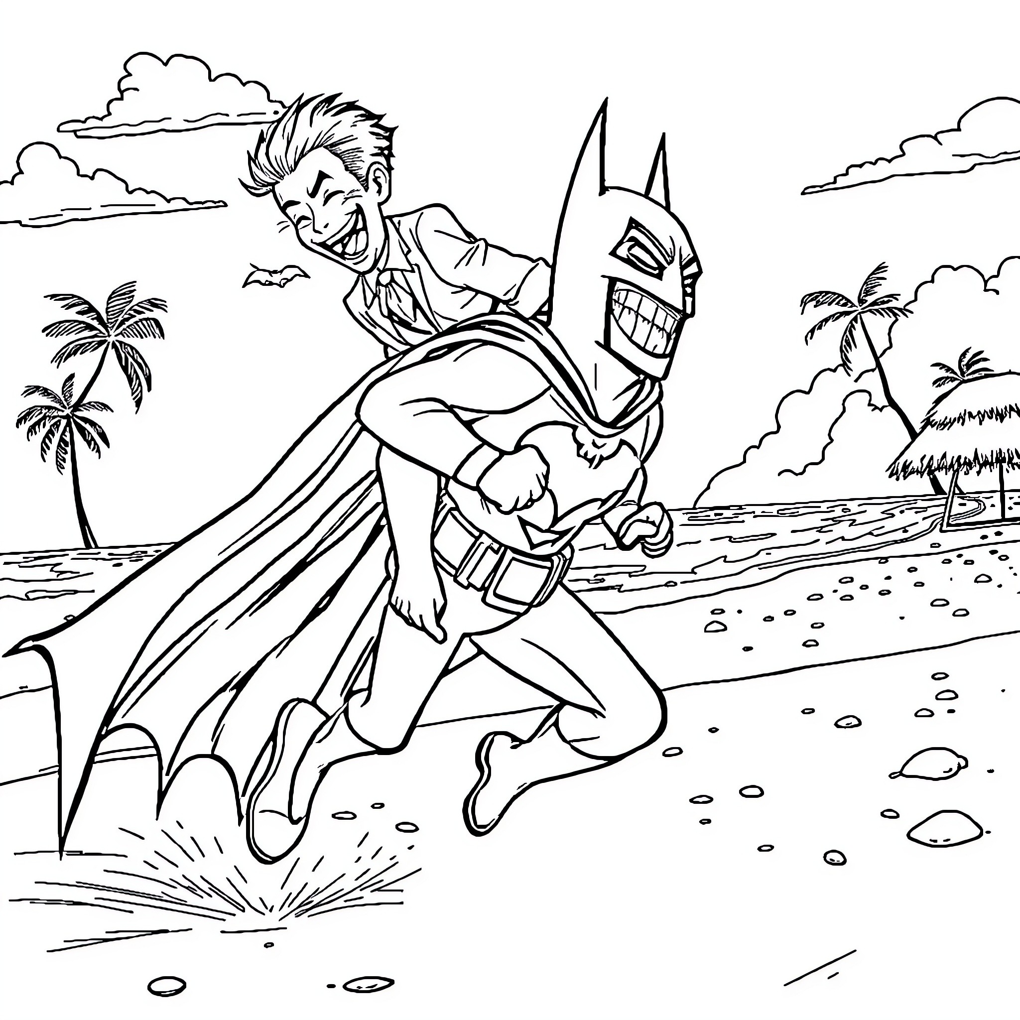 Joker running joyfully on a tropical beach Coloring Page (free black-and-white line drawing printable PDF for all, from beginners to advanced learners, including children, teens, adults, and seniors)