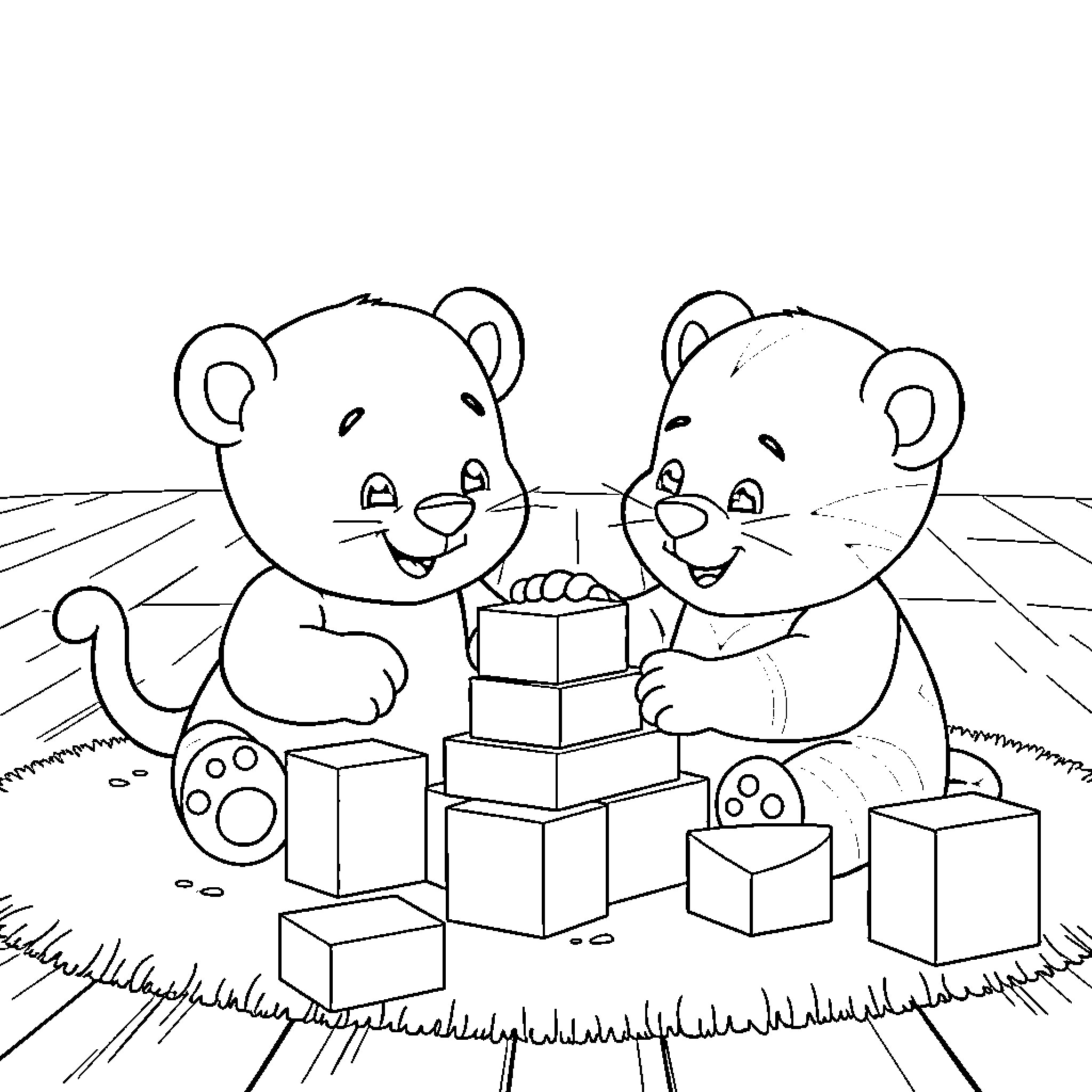 Bluey bears playing with building blocks together Coloring Page (free black-and-white line drawing printable PDF for all, from beginners to advanced learners, including children, teens, adults, and seniors)