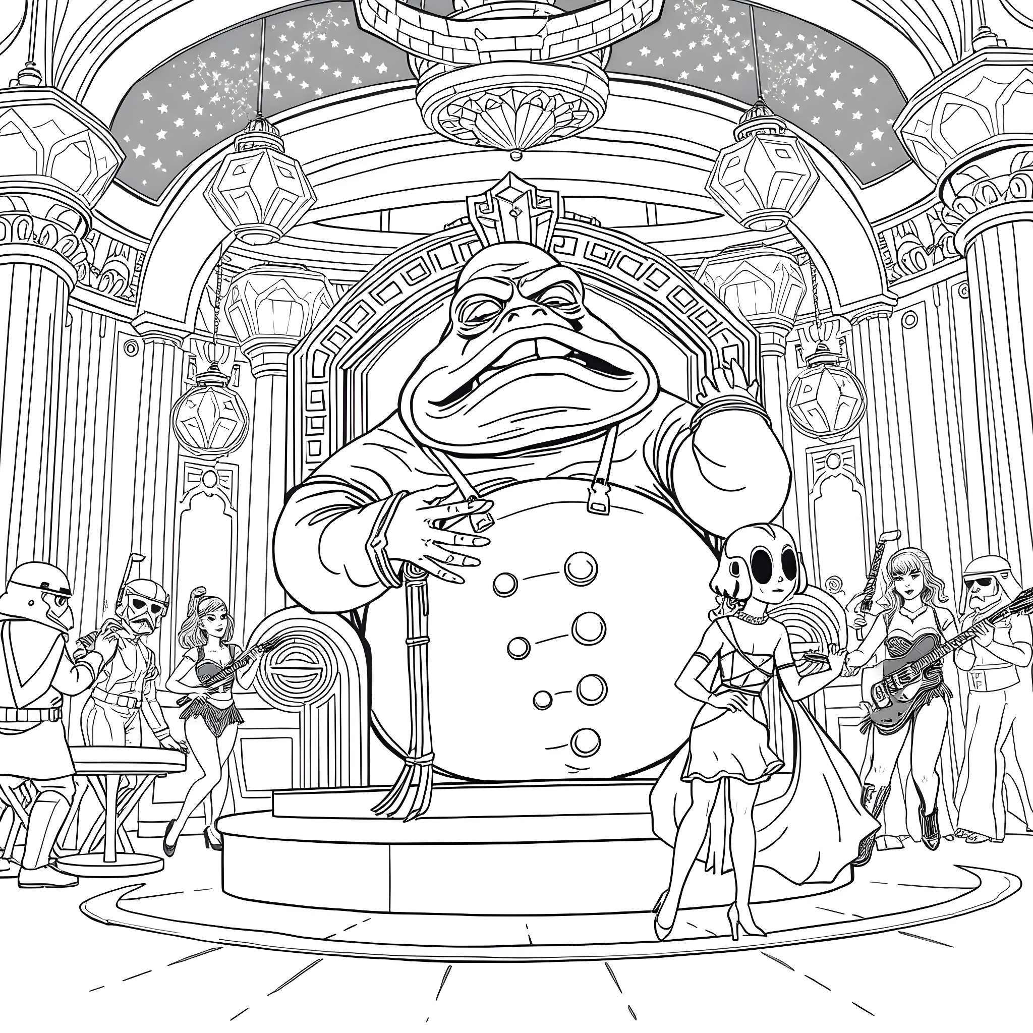 Jabba the Hutt presiding over his palace court Coloring Page (free black-and-white line drawing printable PDF for all, from beginners to advanced learners, including children, teens, adults, and seniors)