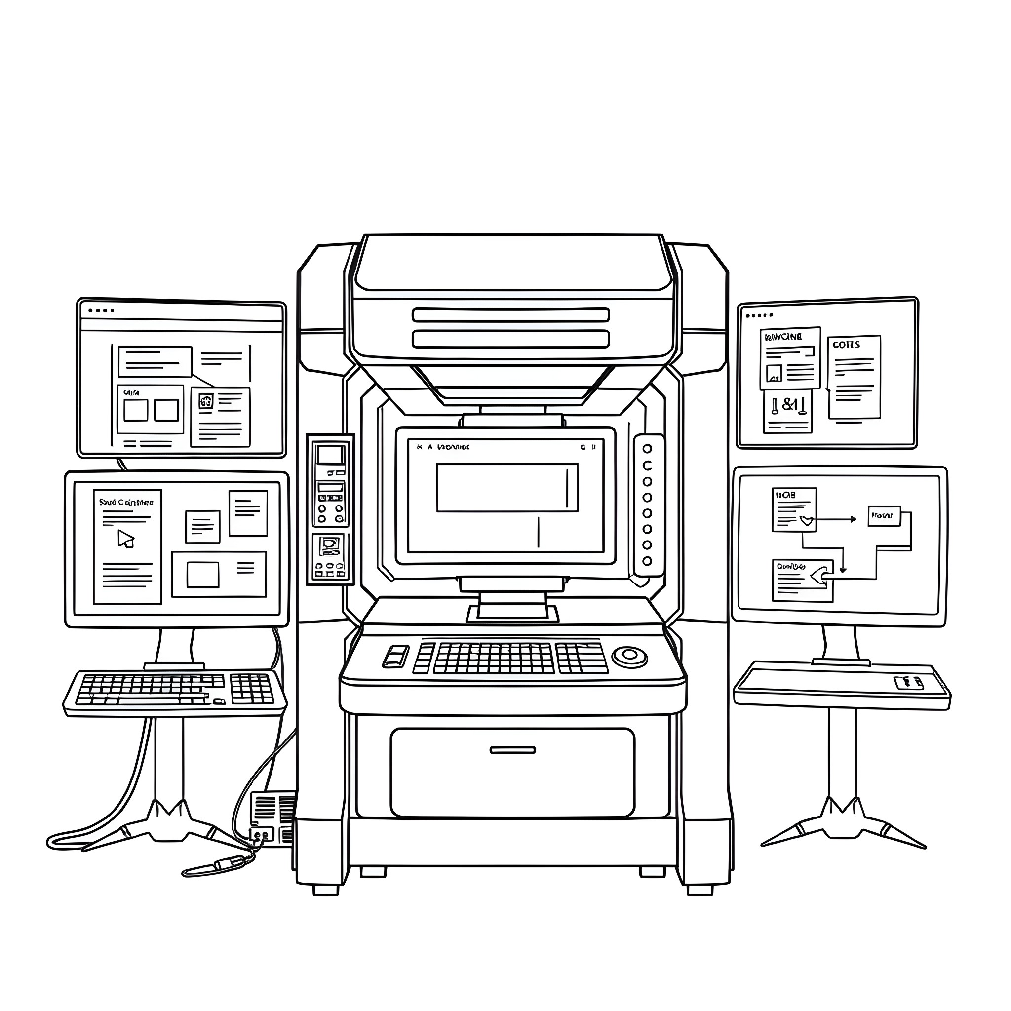 Machine Displaying Various Digital Interfaces Coloring Page (free black-and-white line drawing printable PDF for all, from beginners to advanced learners, including children, teens, adults, and seniors)