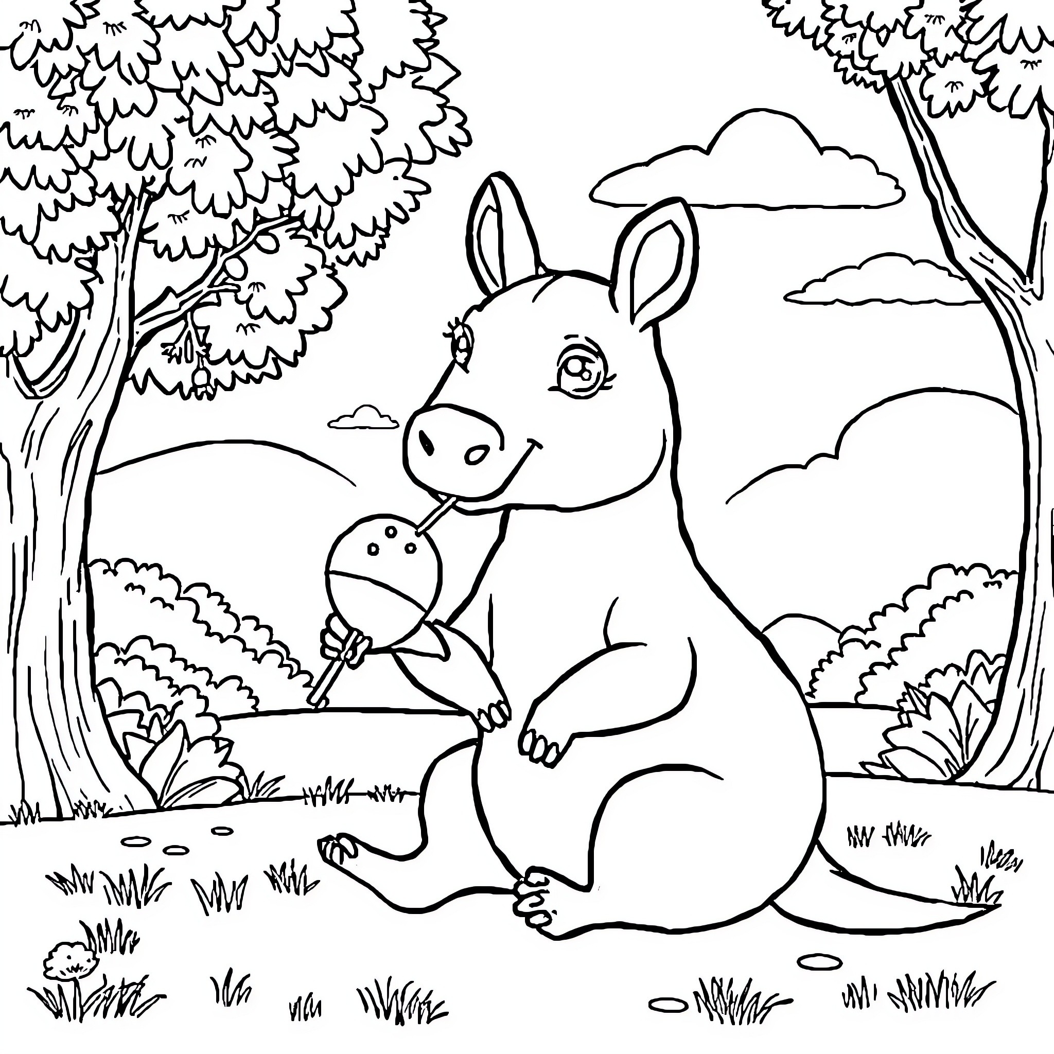 Capybara sitting peacefully in the forest Coloring Page (free black-and-white line drawing printable PDF for all, from beginners to advanced learners, including children, teens, adults, and seniors)