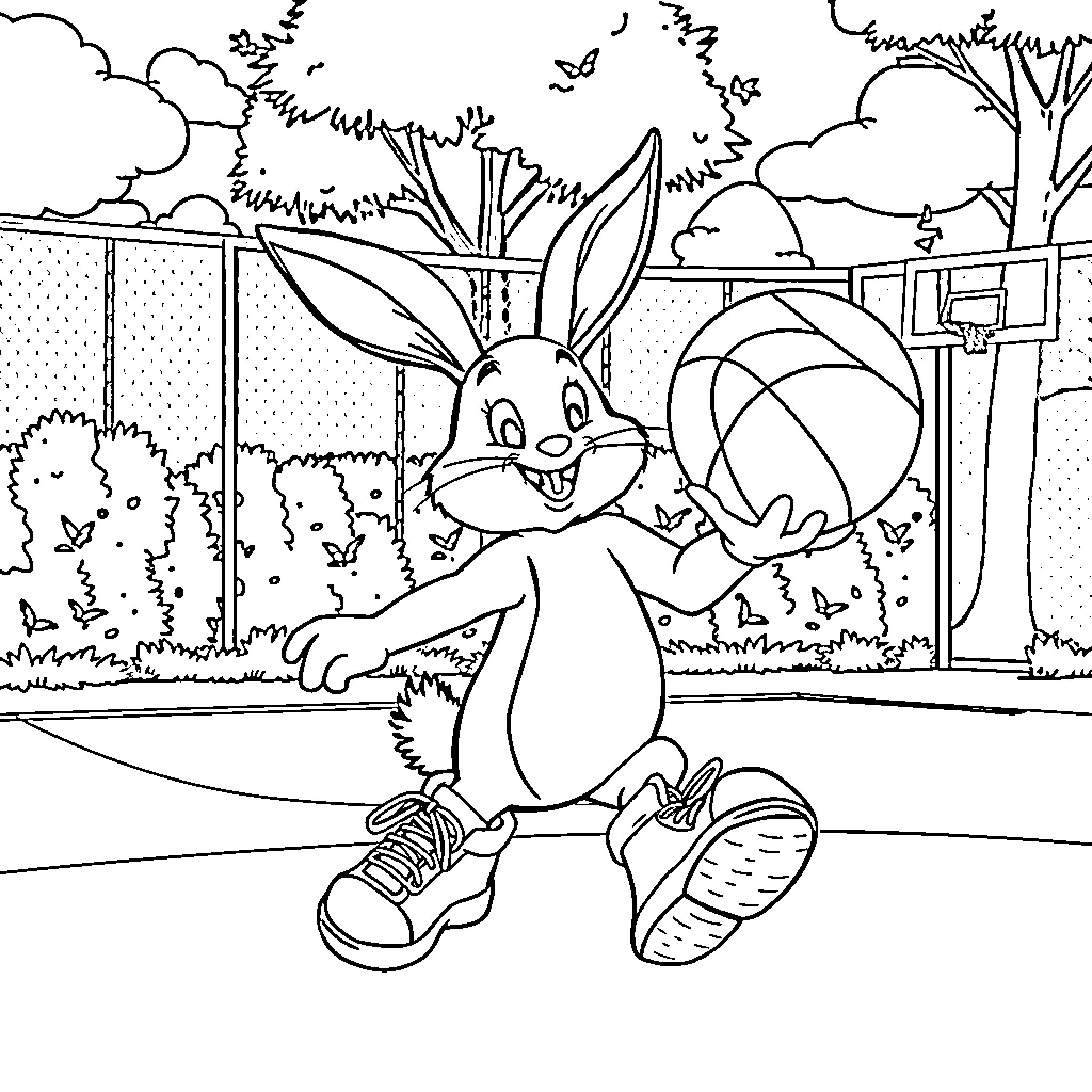 Easter Bunny playing with a ball on the court Coloring Page (free black-and-white line drawing printable PDF for all, from beginners to advanced learners, including children, teens, adults, and seniors)