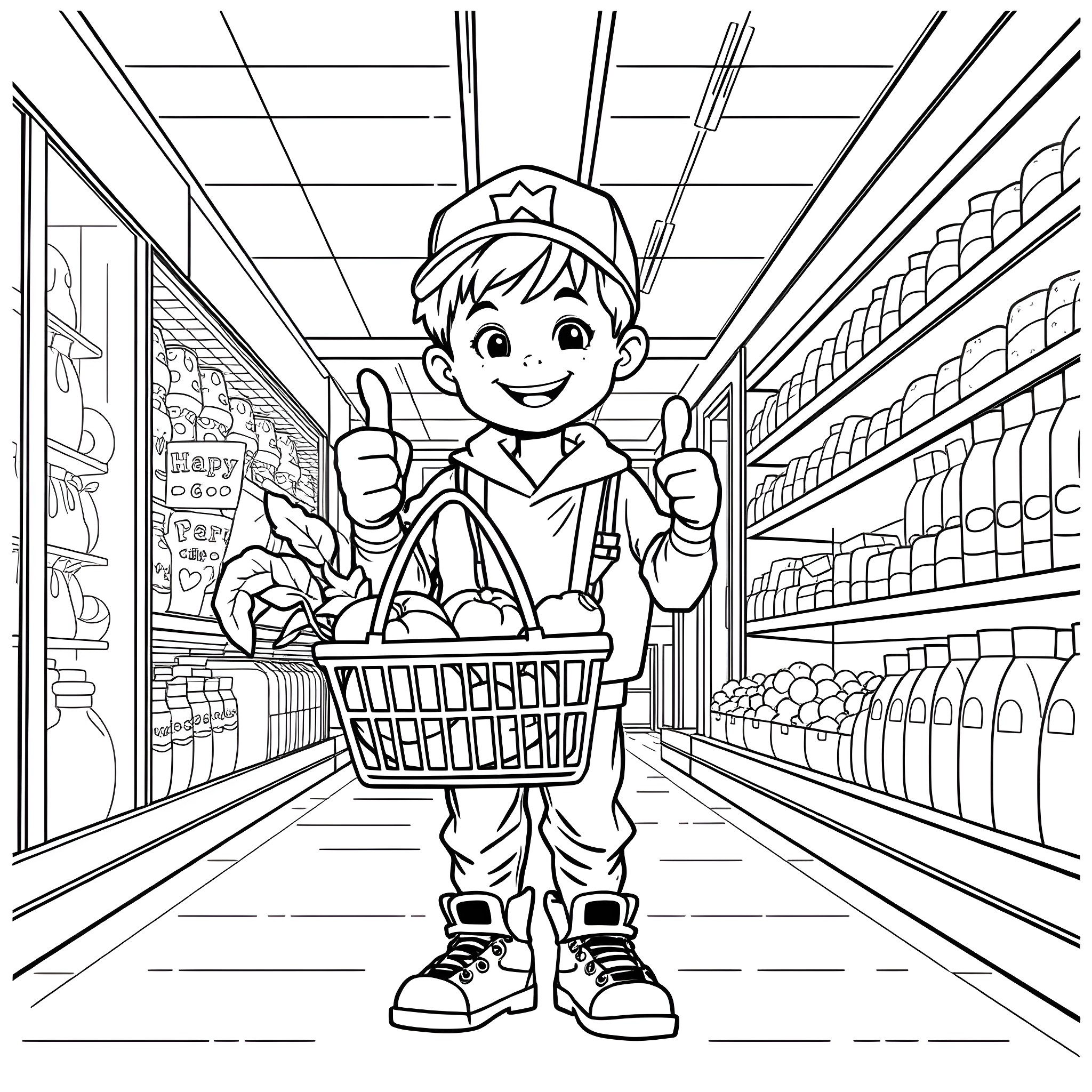 Boy happily shopping in grocery store with basket Coloring Page (free black-and-white line drawing printable PDF for all, from beginners to advanced learners, including children, teens, adults, and seniors)