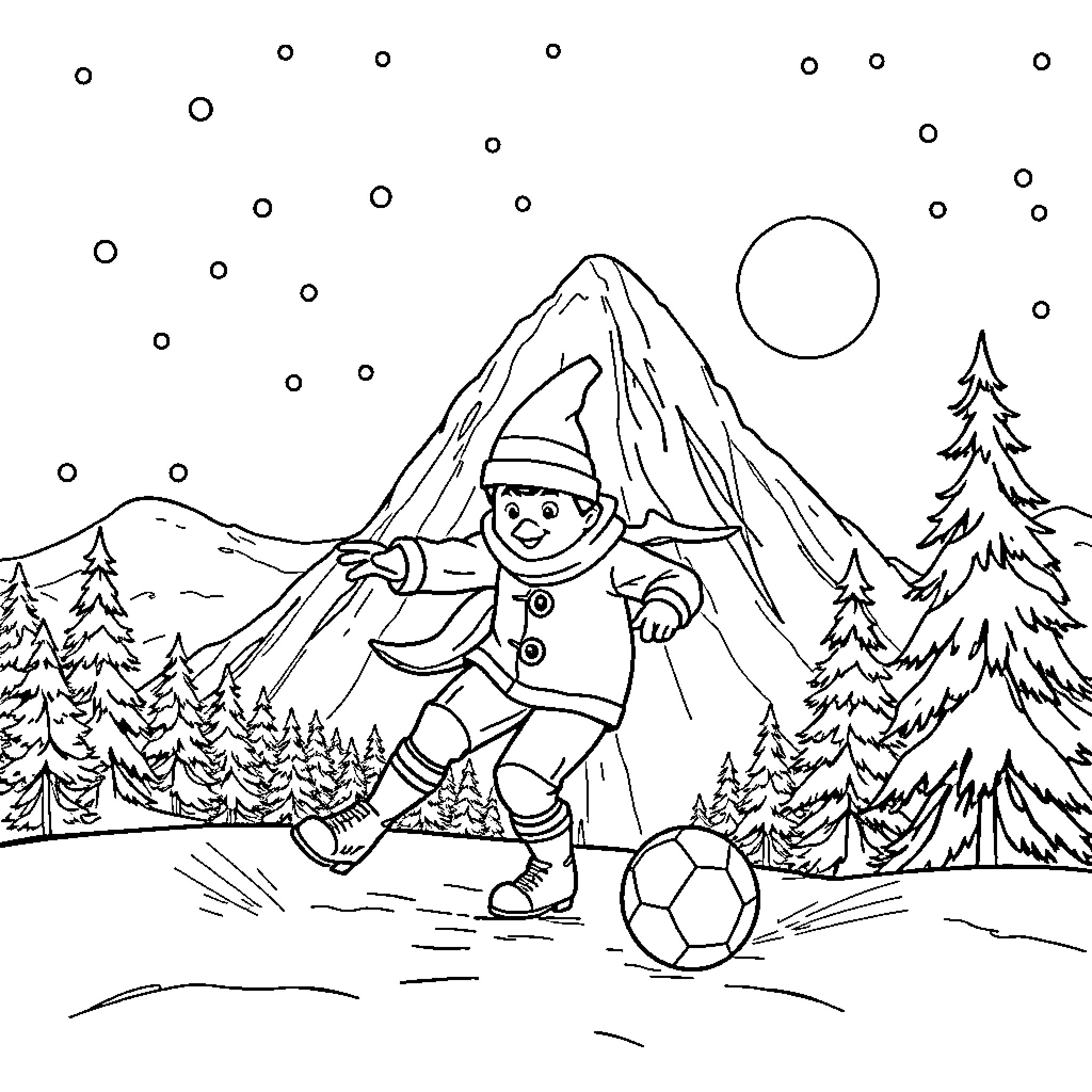 Grinch playing in the snowy mountain landscape Coloring Page (free black-and-white line drawing printable PDF for all, from beginners to advanced learners, including children, teens, adults, and seniors)