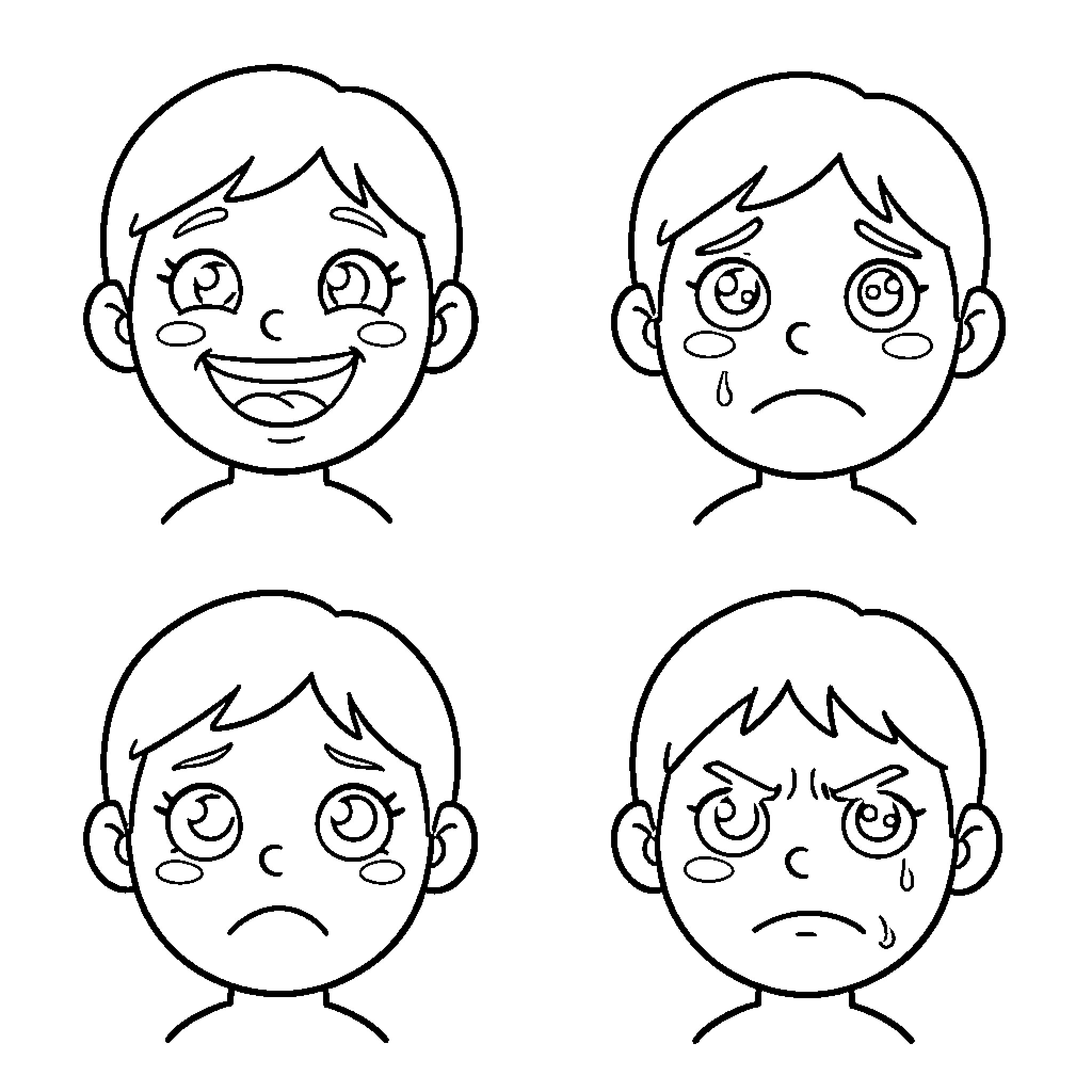 Emotion through facial expressions Coloring Page (free black-and-white line drawing printable PDF for all, from beginners to advanced learners, including children, teens, adults, and seniors)