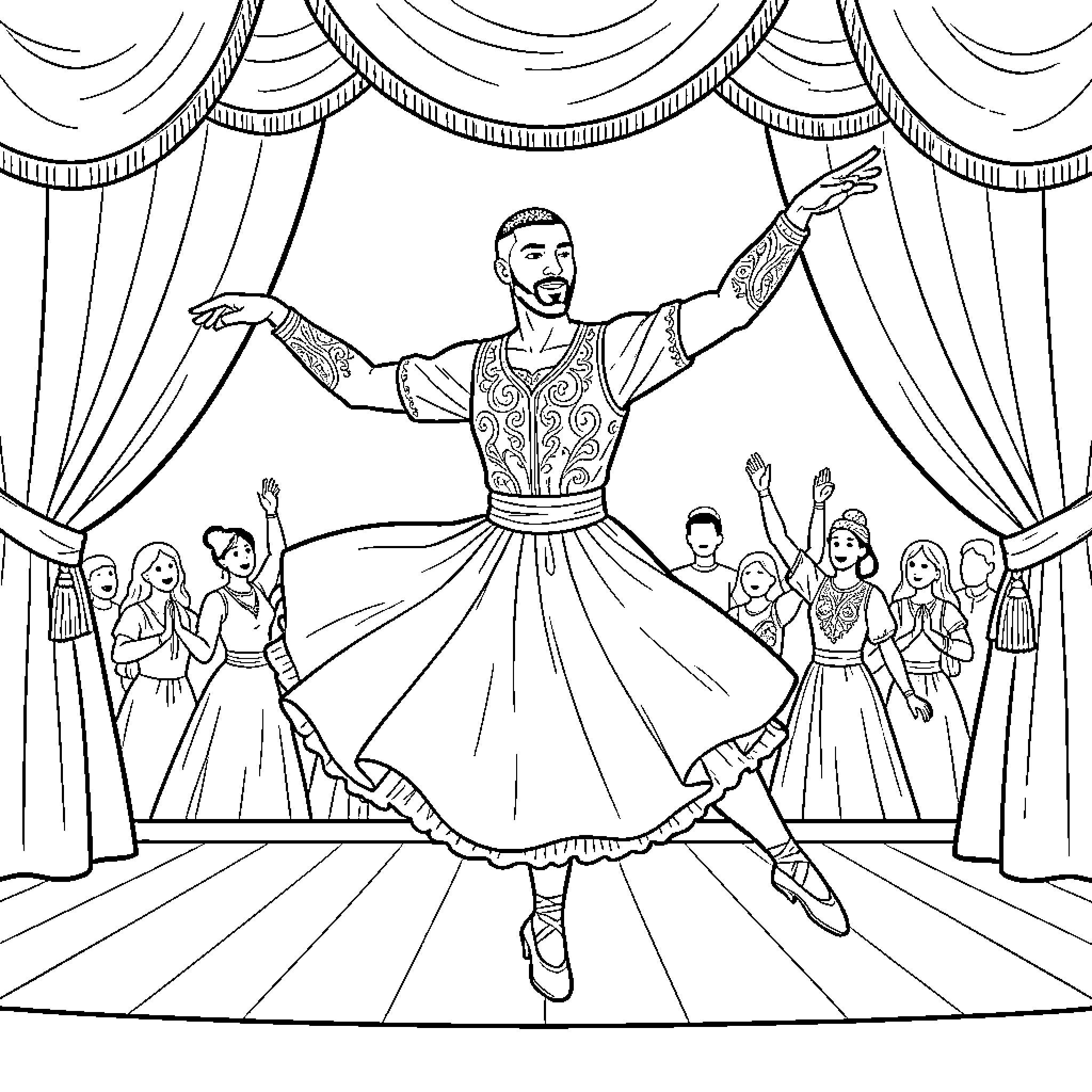 Mbappe performing a graceful dance on a stage Coloring Page (free black-and-white line drawing printable PDF for all, from beginners to advanced learners, including children, teens, adults, and seniors)