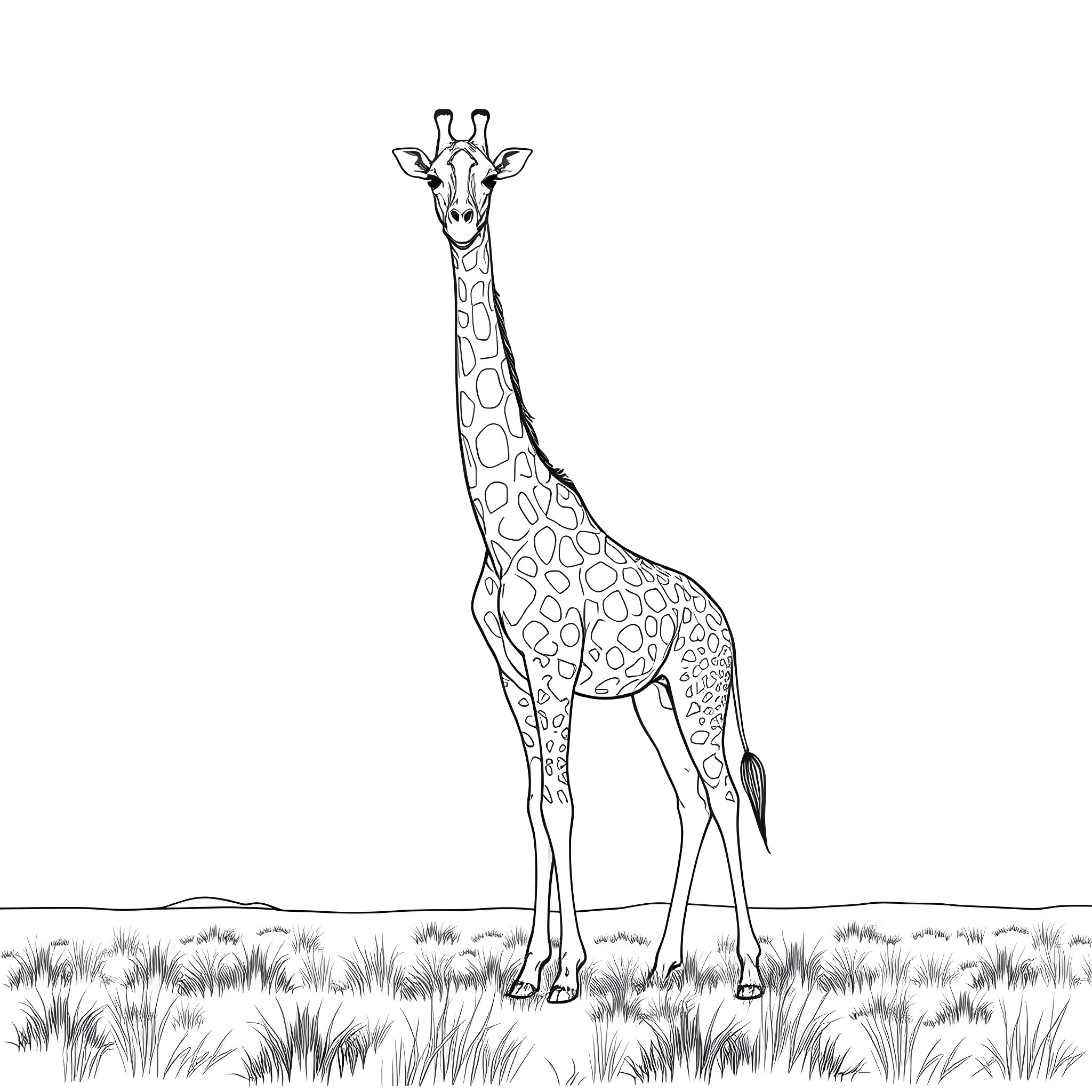 Giraffe standing majestically in the wild Coloring Page (free black-and-white line drawing printable PDF for all, from beginners to advanced learners, including children, teens, adults, and seniors)