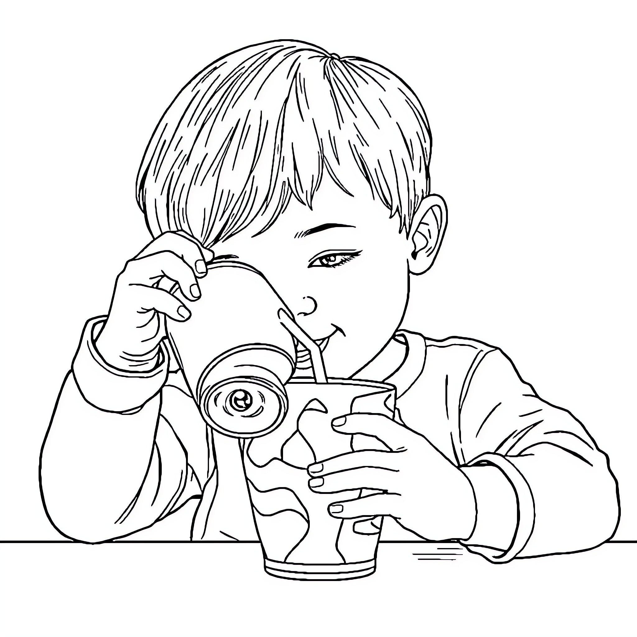 Cup of curiosity: a boy exploring with a magnifying glass Coloring Page (free black-and-white line drawing printable PDF for all, from beginners to advanced learners, including children, teens, adults, and seniors)