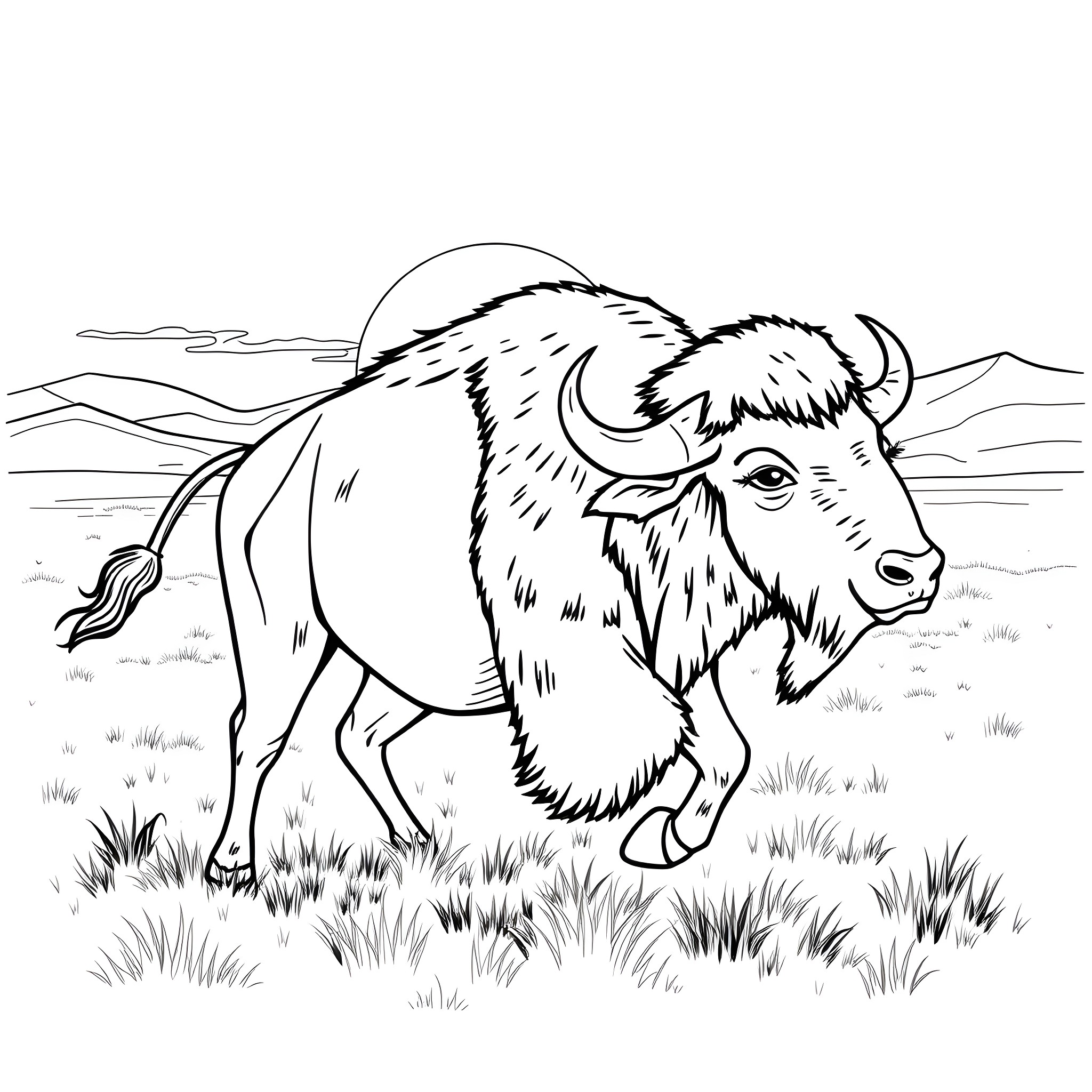 Buffalo roaming in the wild landscape Coloring Page (free black-and-white line drawing printable PDF for all, from beginners to advanced learners, including children, teens, adults, and seniors)