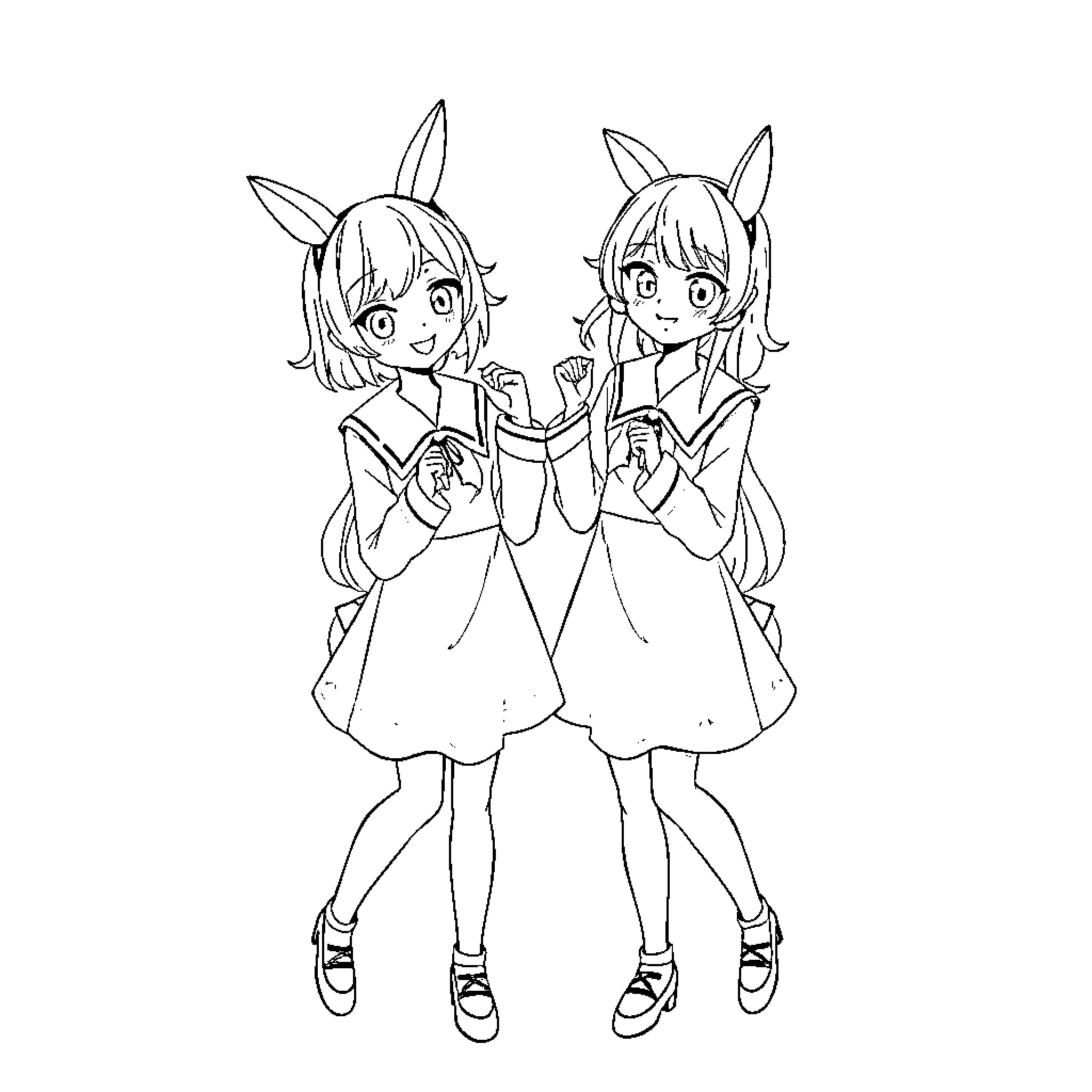 Kuromi characters in playful poses Coloring Page (free black-and-white line drawing printable PDF for all, from beginners to advanced learners, including children, teens, adults, and seniors)