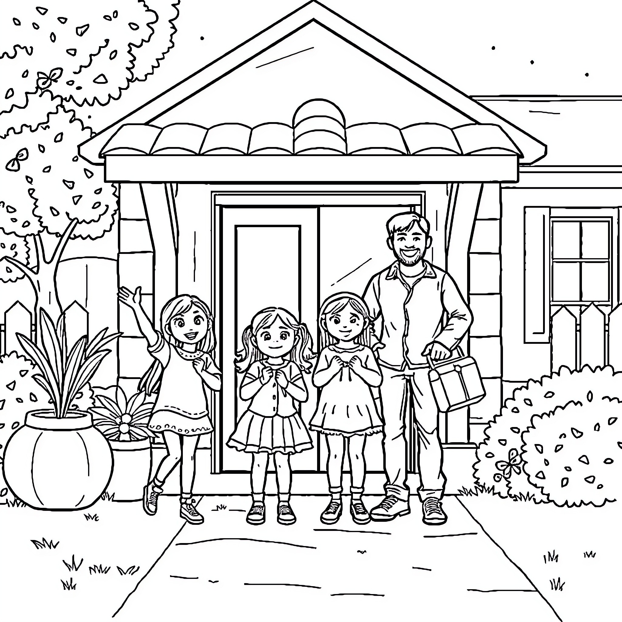 Family posing happily outside their home Coloring Page (free black-and-white line drawing printable PDF for all, from beginners to advanced learners, including children, teens, adults, and seniors)