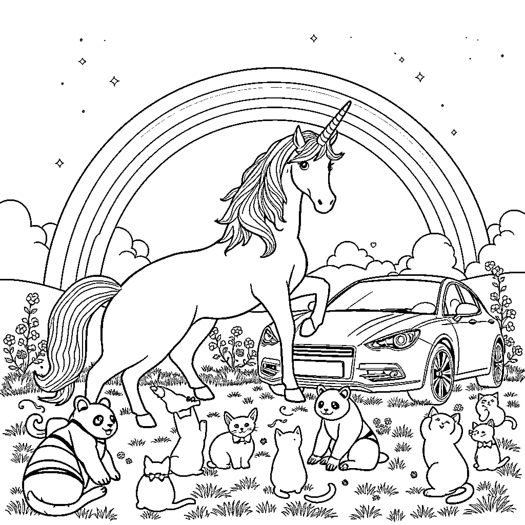 Unicorn and animal friends explore the magical meadow Coloring Page (free black-and-white line drawing printable PDF for all, from beginners to advanced learners, including children, teens, adults, and seniors)
