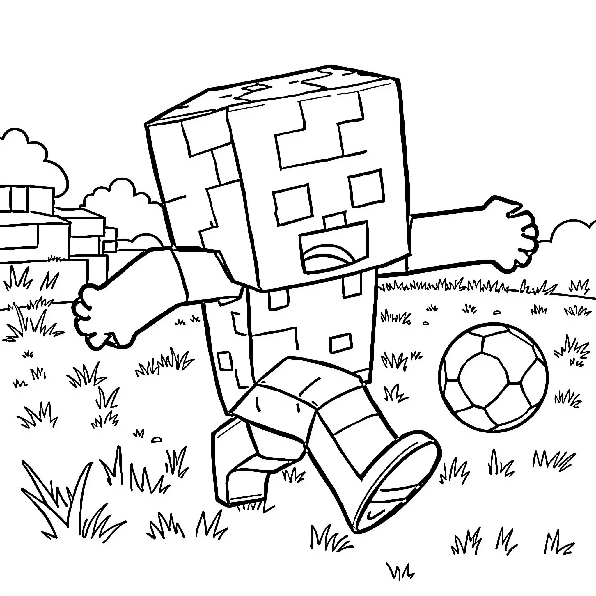 Creeper running and playing with soccer ball in the park Coloring Page (free black-and-white line drawing printable PDF for all, from beginners to advanced learners, including children, teens, adults, and seniors)