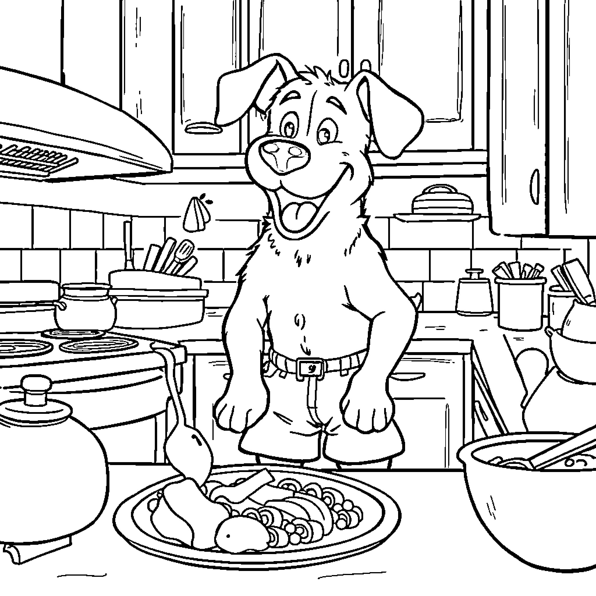 Dog enjoying a meal in the kitchen Coloring Page (free black-and-white line drawing printable PDF for all, from beginners to advanced learners, including children, teens, adults, and seniors)