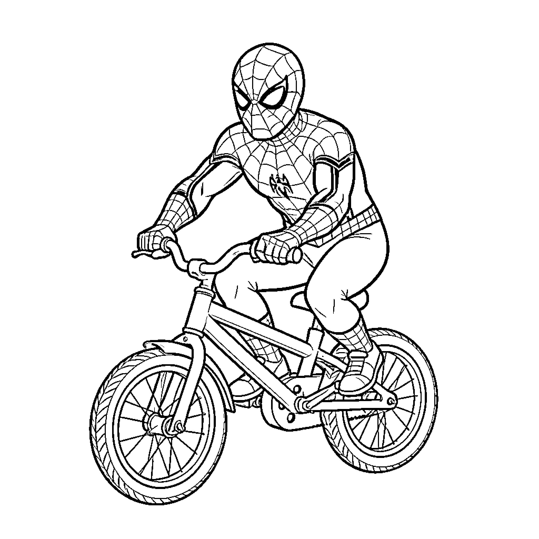Spiderman riding a bicycle with focus Coloring Page (free black-and-white line drawing printable PDF for all, from beginners to advanced learners, including children, teens, adults, and seniors)