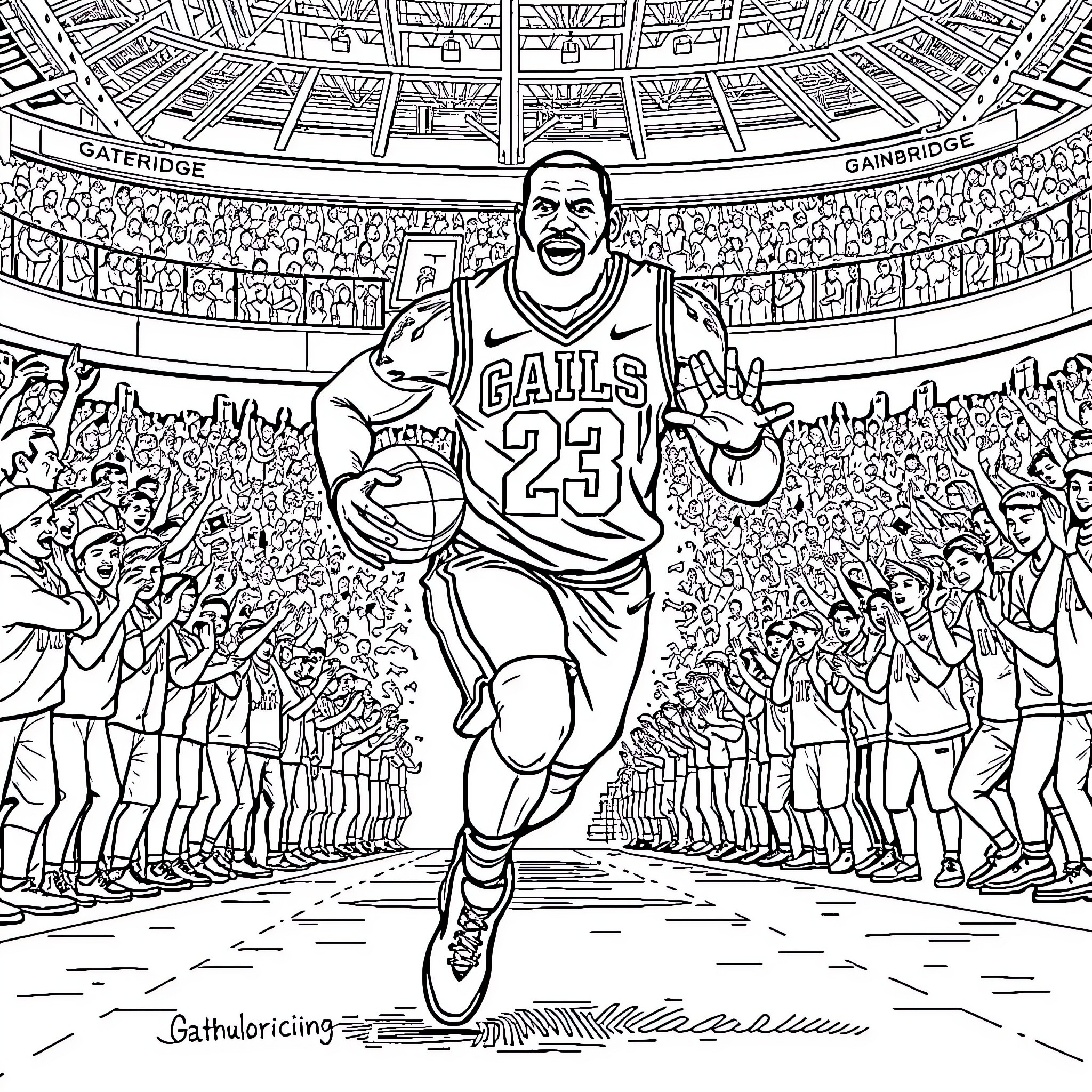 LeBron James Dominates the Basketball Court Coloring Page (free black-and-white line drawing printable PDF for all, from beginners to advanced learners, including children, teens, adults, and seniors)