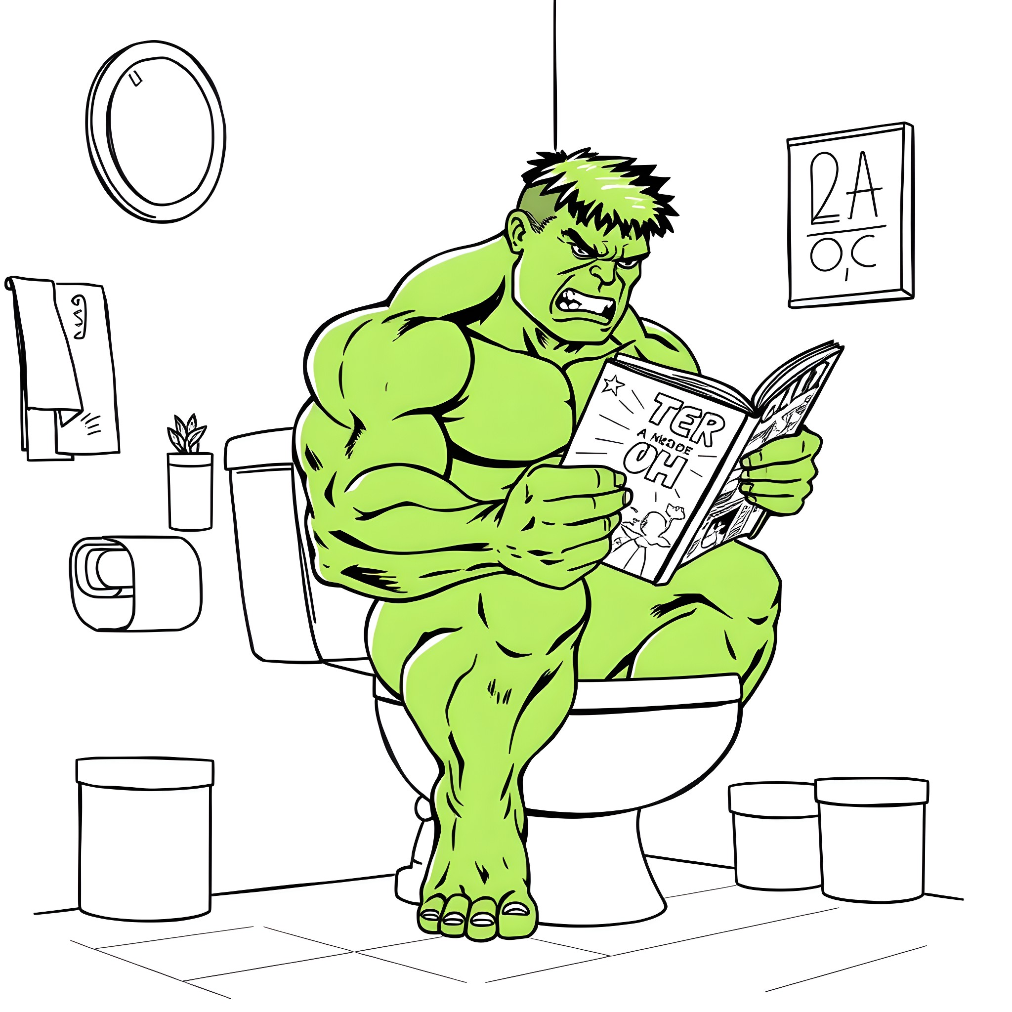 Hulk reading comic book on the toilet Coloring Page (free black-and-white line drawing printable PDF for all, from beginners to advanced learners, including children, teens, adults, and seniors)